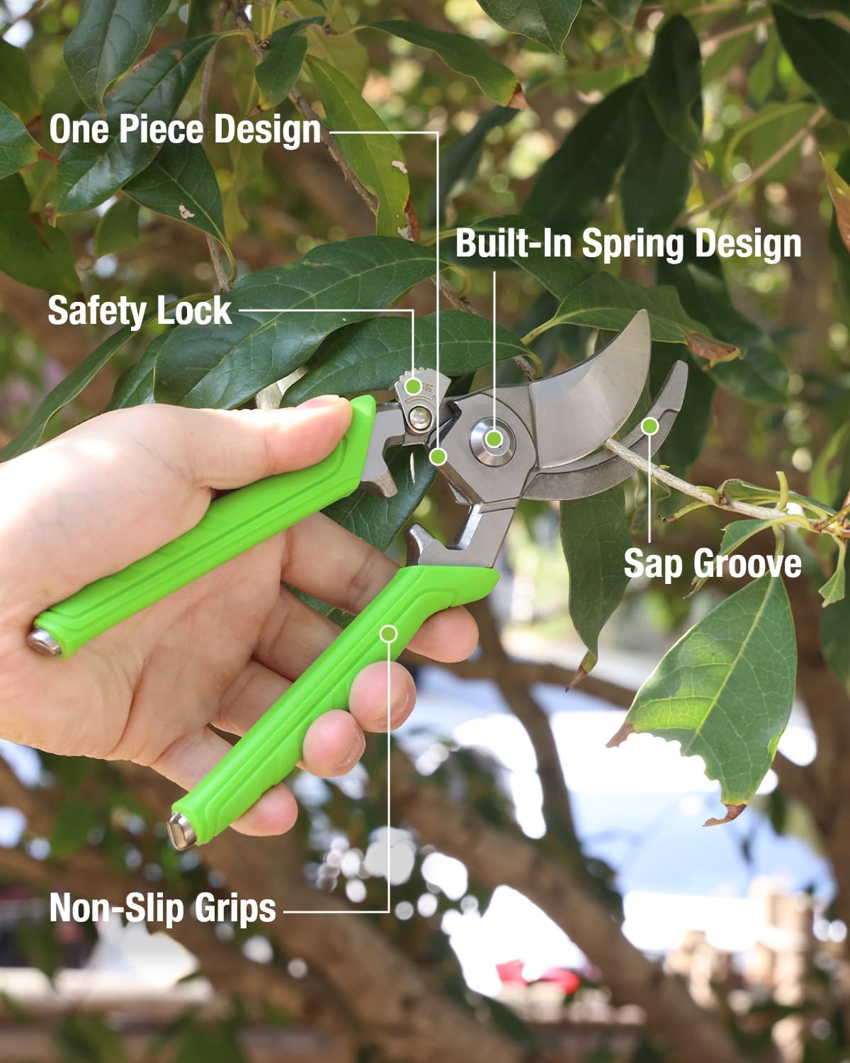 Green-handled bypass pruning shears with safety lock, spring design, and non-slip grips