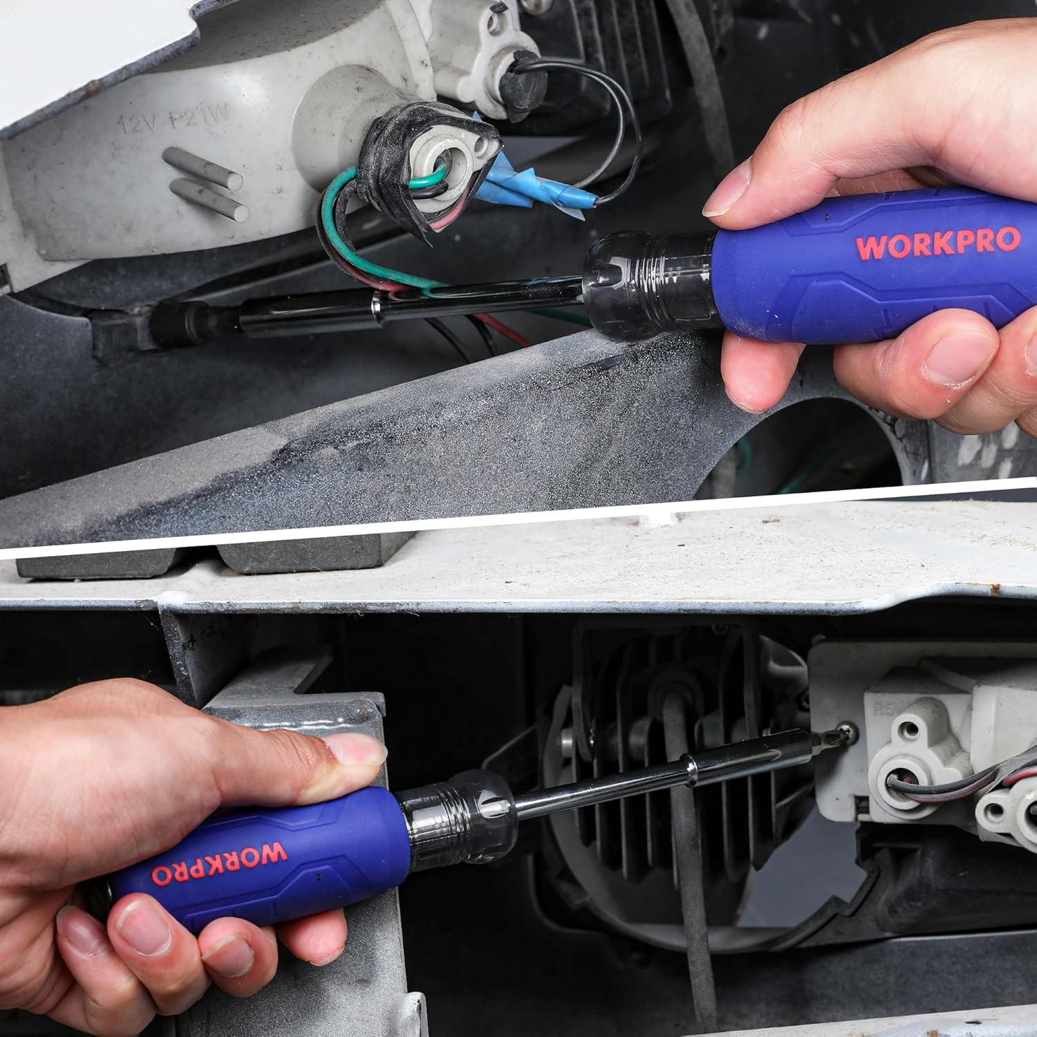 Blue-handled magnetic bit driver in use with socket bit on power tool housing.