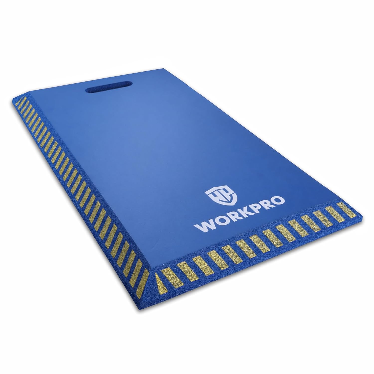 Blue kneeling pad with yellow non-slip grip ridges and carry slot, thick foam cushioning.