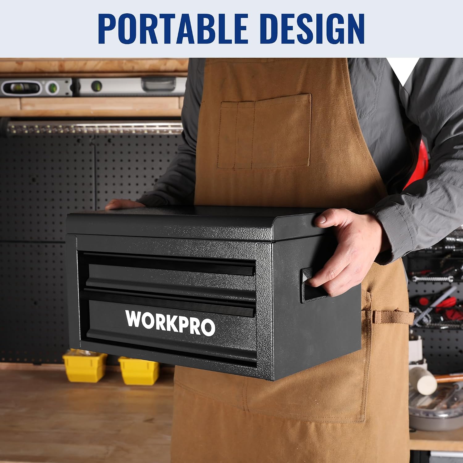 WORKPRO 15-Inch Metal Tool Box with 2 Drawers & Top Storage, Black