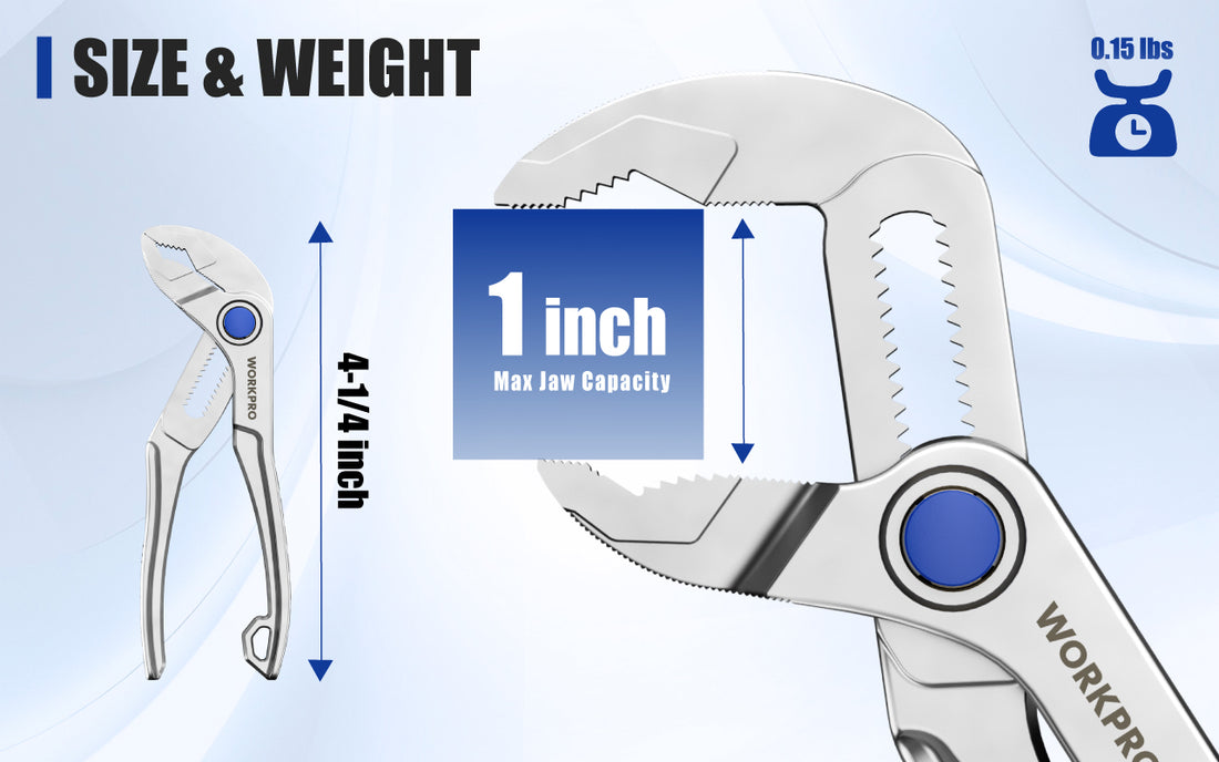 Adjustable jaw pliers with 1 inch max jaw capacity, showing 4 14 inch size and 0.15 lbs weight