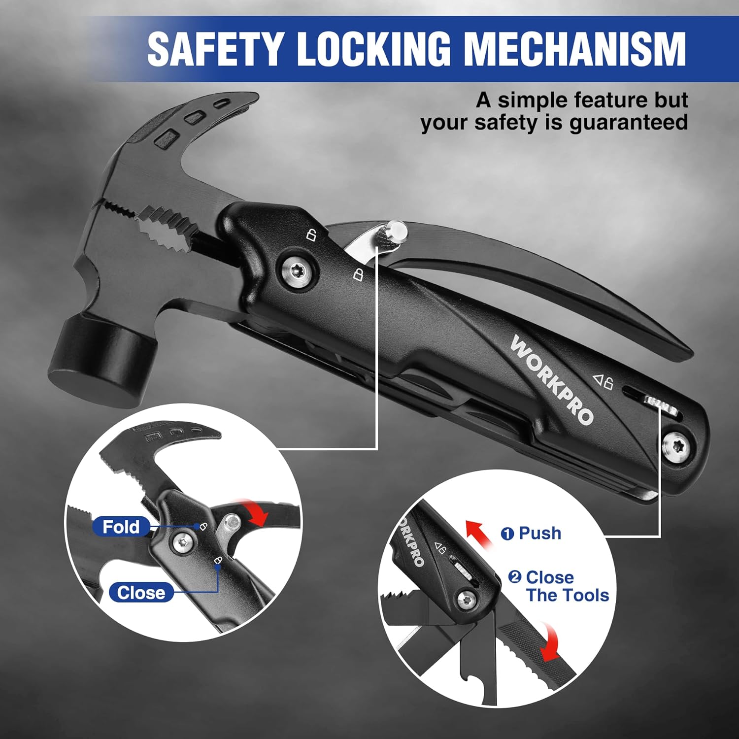 Black multitool with safety locking mechanism and folding tools, close-up