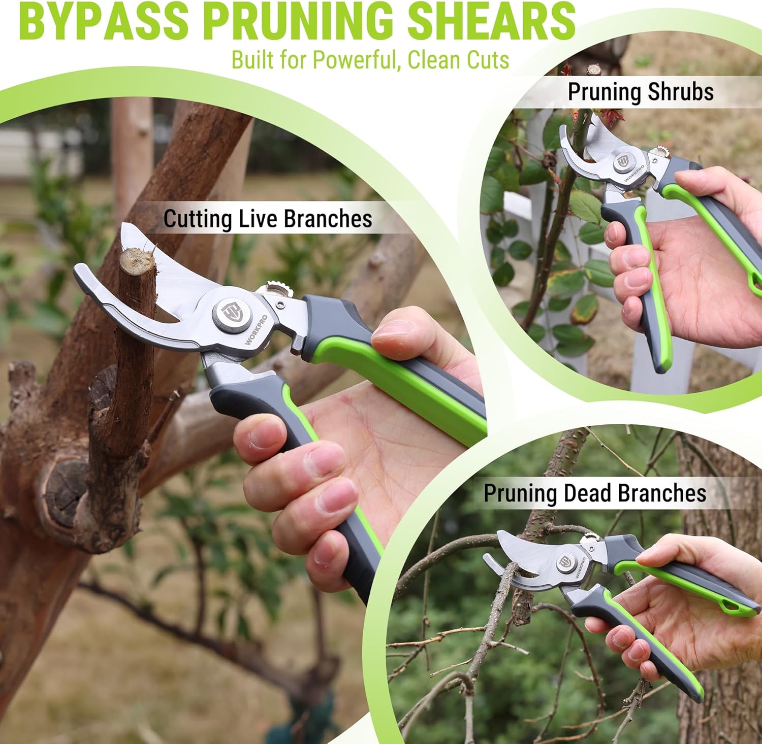 WORKPRO bypass pruning shears with green handles, cutting live and dead branches