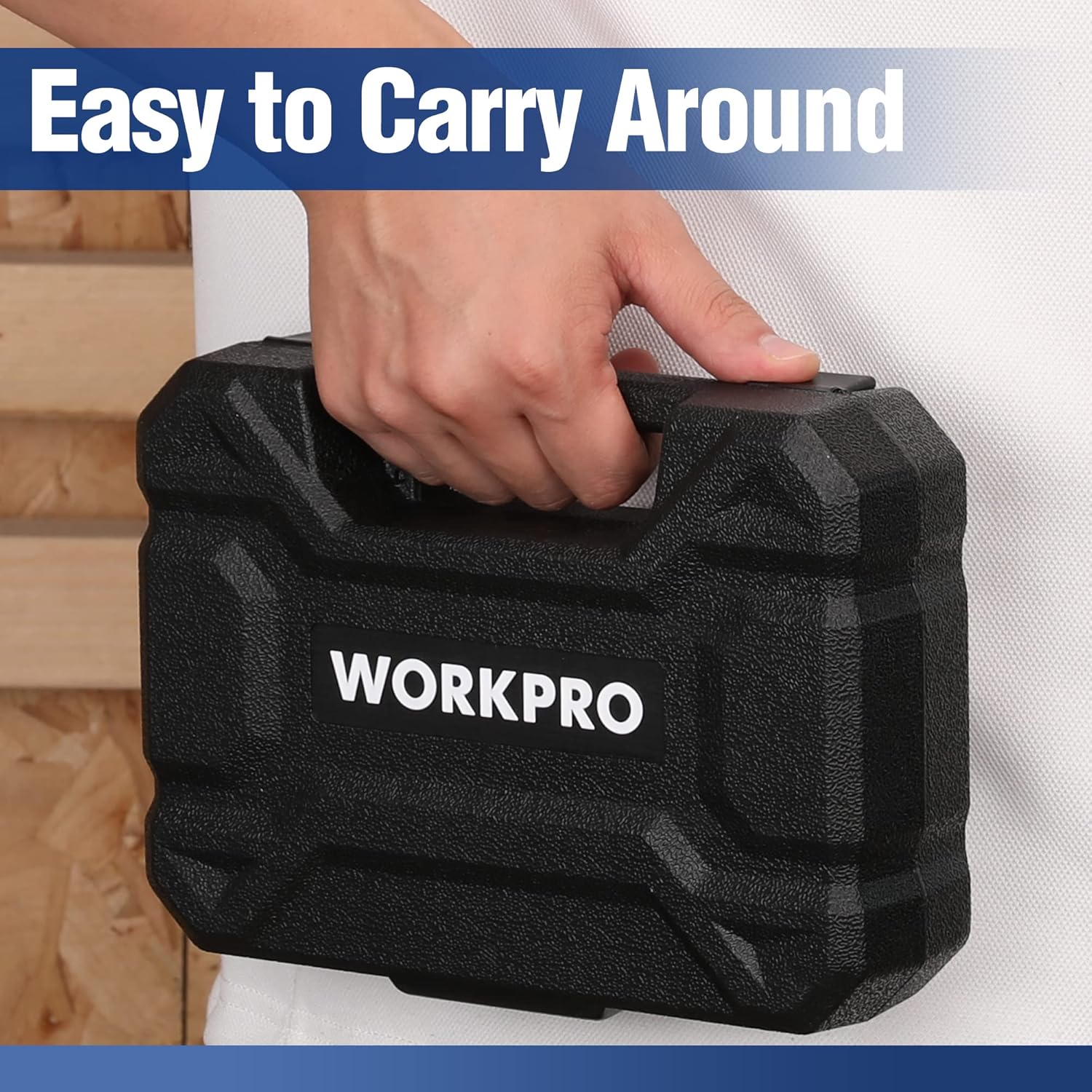 WORKPRO tool kit carry case held in hand, black textured case with WORKPRO logo