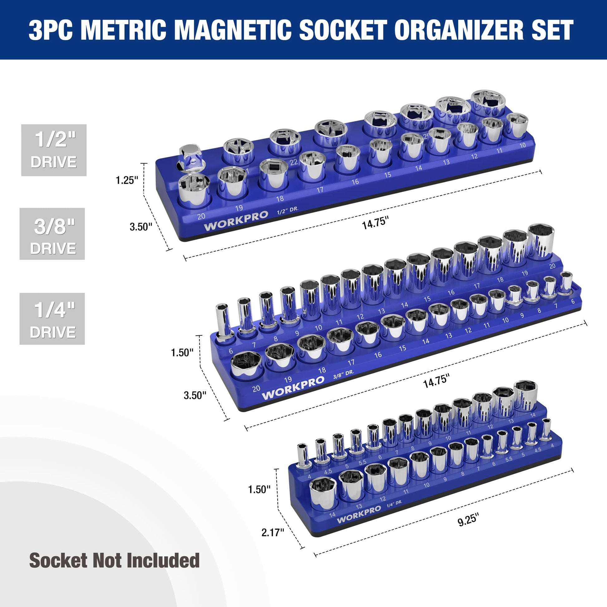 3-piece metric magnetic socket organizer set with chrome sockets on blue trays