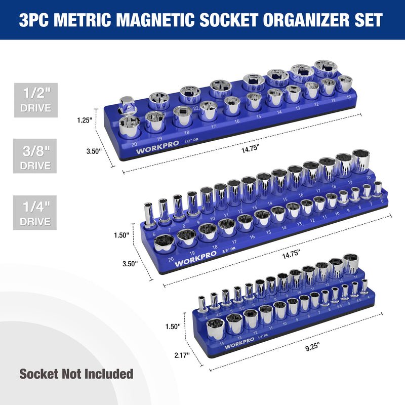 WORKPRO 1/4", 3/8", 1/2" Dr Metric/SAE Magnetic Socket Organizer Set (Socket not Included)