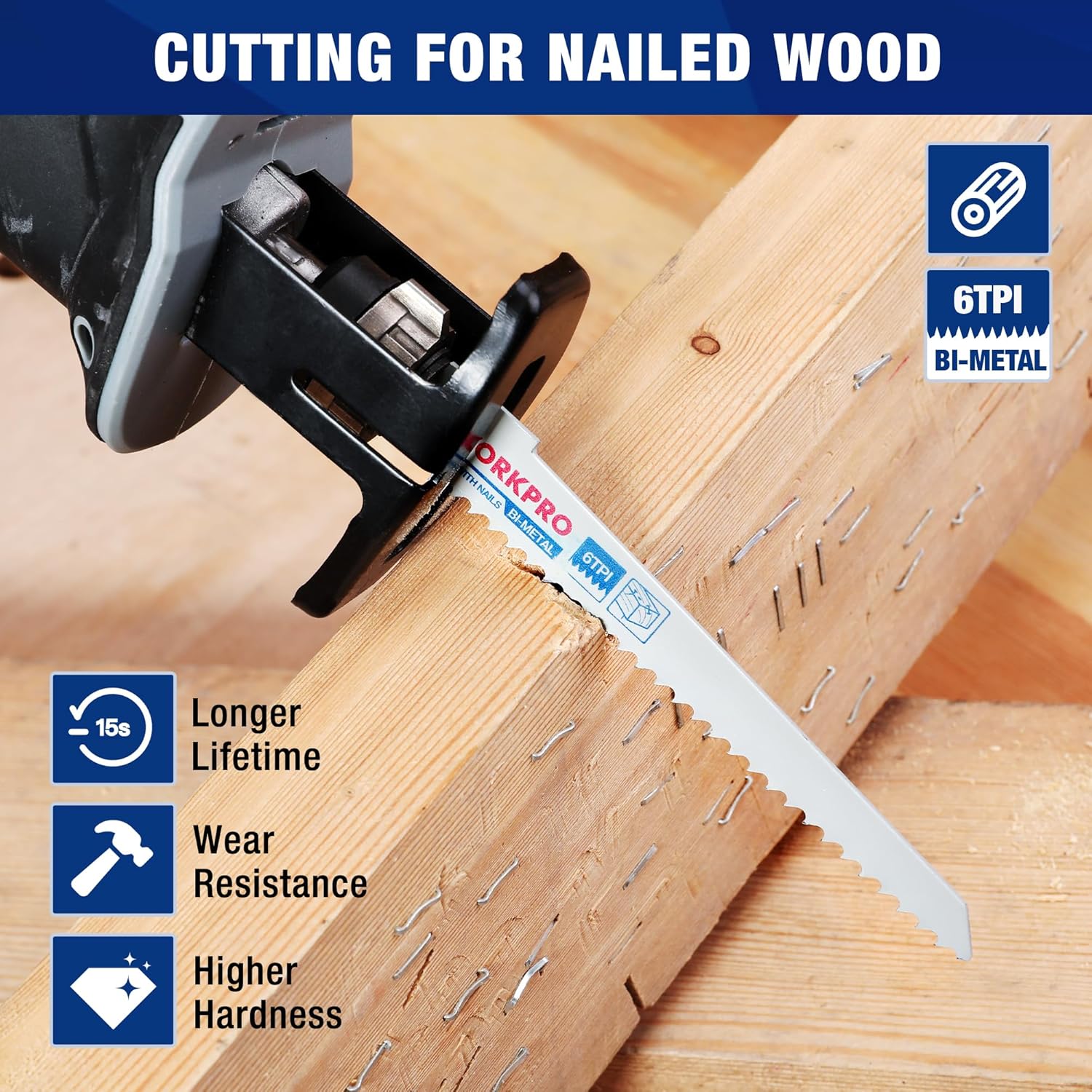 Reciprocating saw blade cutting nailed wood on timber with a reciprocating saw