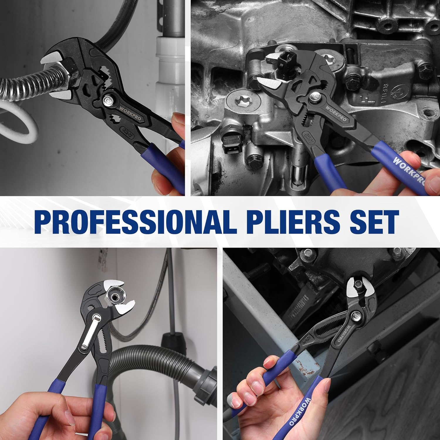 Blue-handled pliers used on metal plumbing fittings, with black serrated jaws