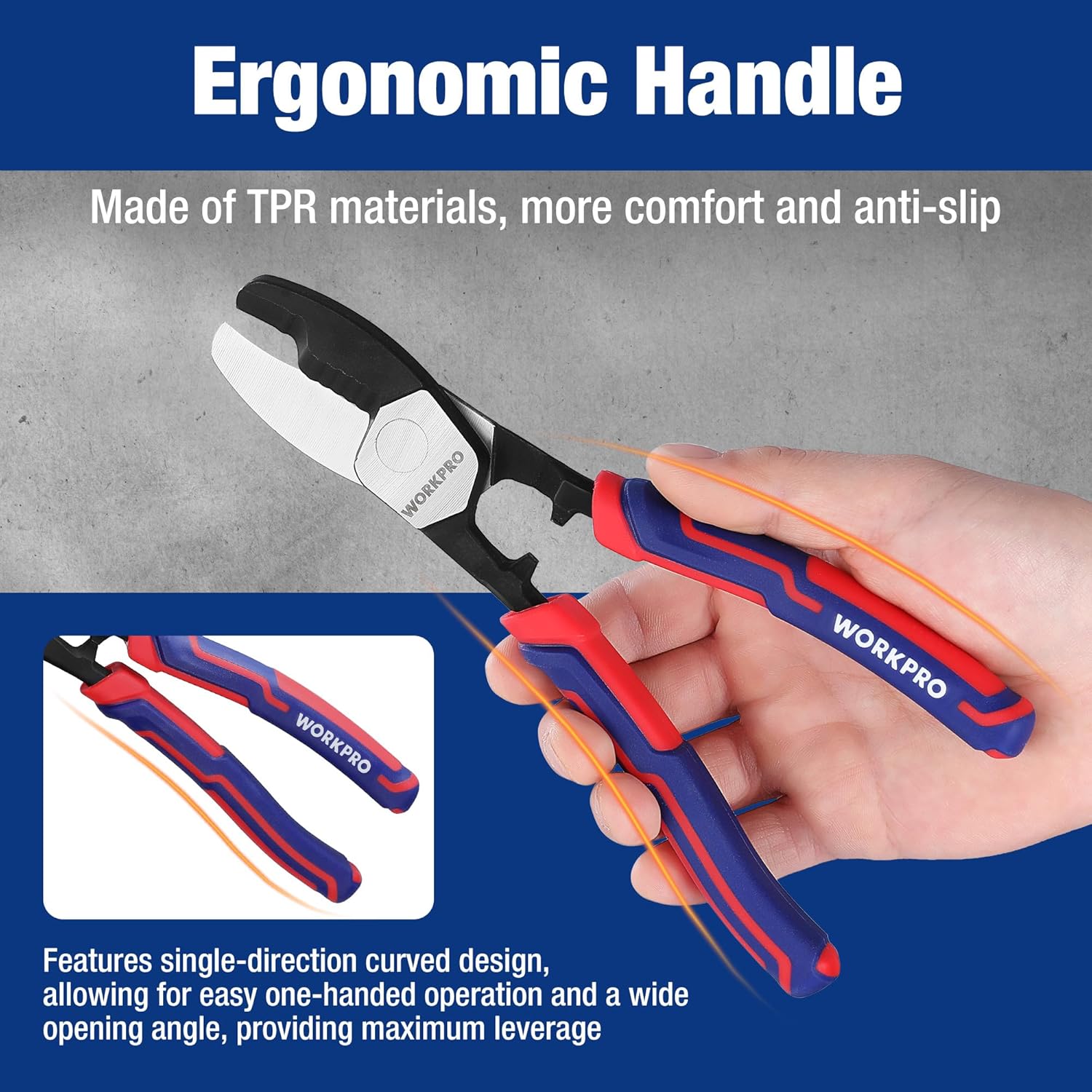 Ergonomic cable cutter handle with red/blue non-slip grip and curved design.