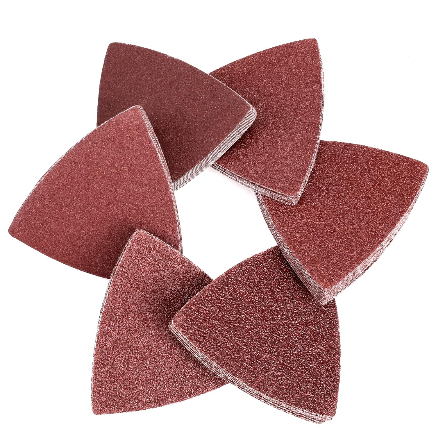Triangle sanding pads set with hook-and-loop backing, burgundy abrasive triangles
