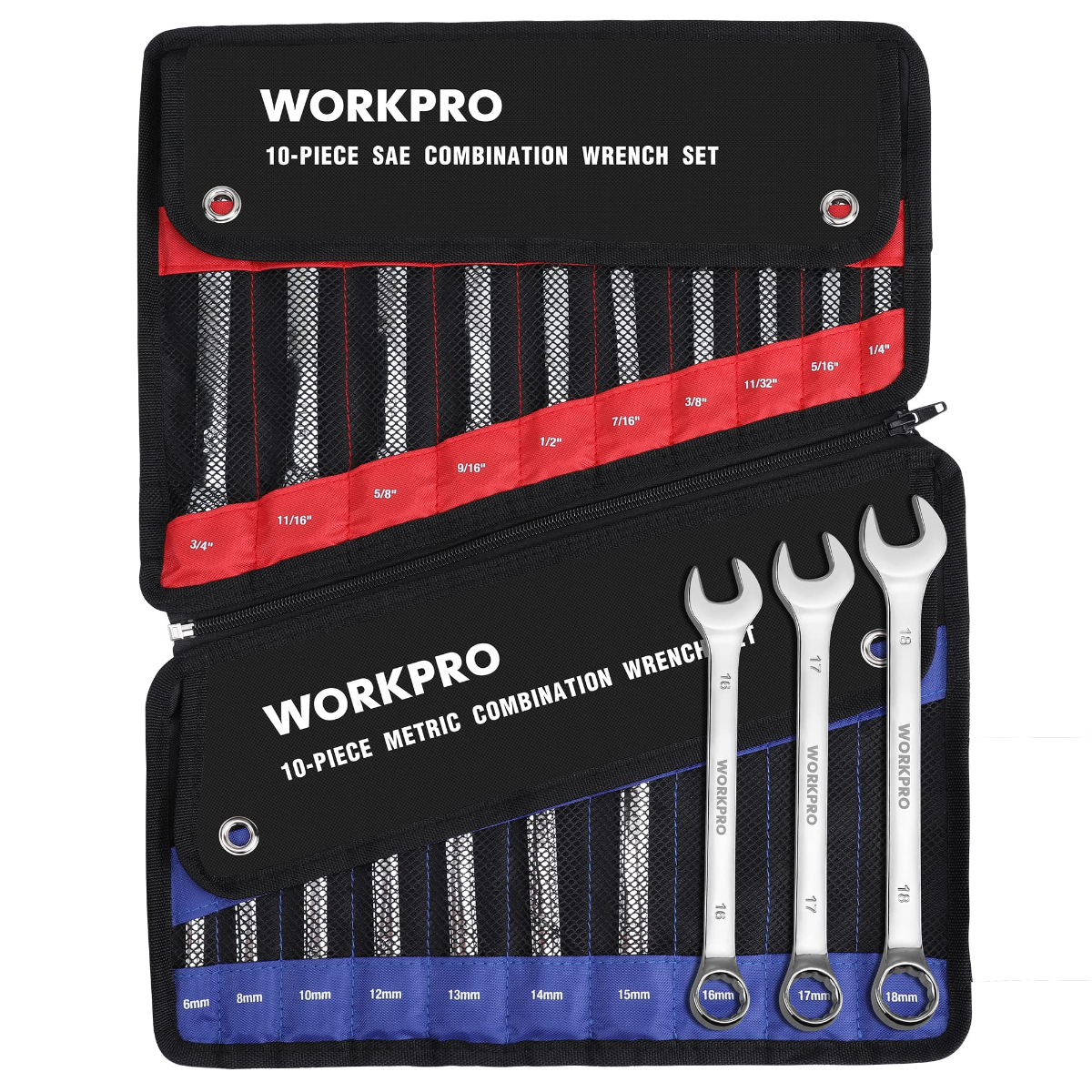 WORKPRO rolling pouch with 10-piece SAE and 10-piece metric combination wrenches