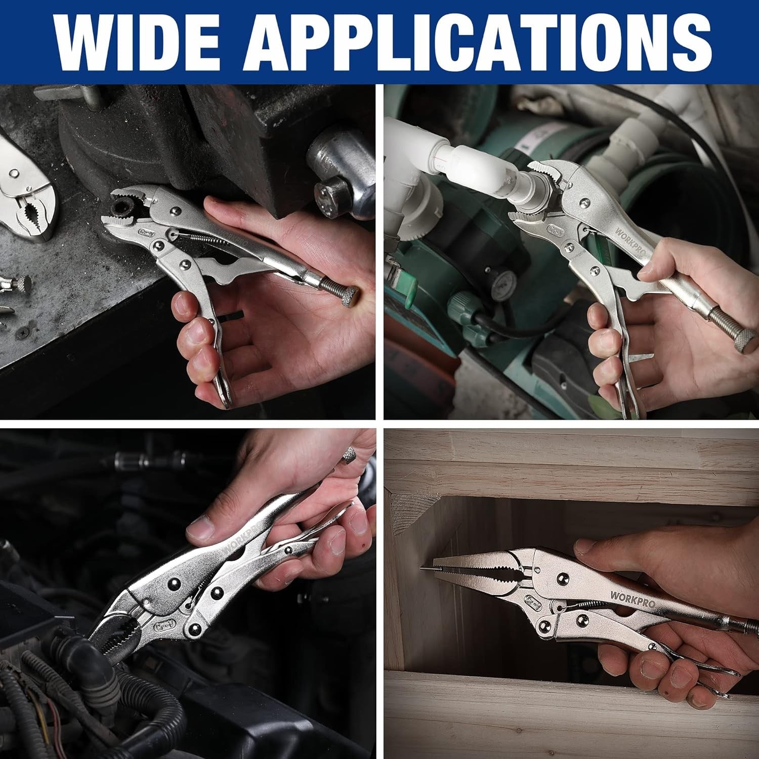WORKPRO 5-Piece curved jaw locking pliers set in chrome-vanadium steel with durable secure grip
