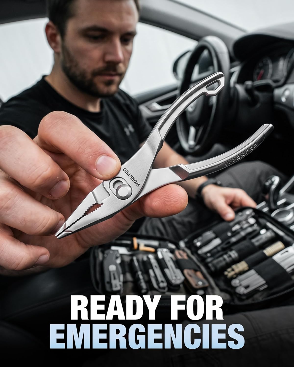 Long nose slip joint pliers with serrated jaws held in hand near car tools
