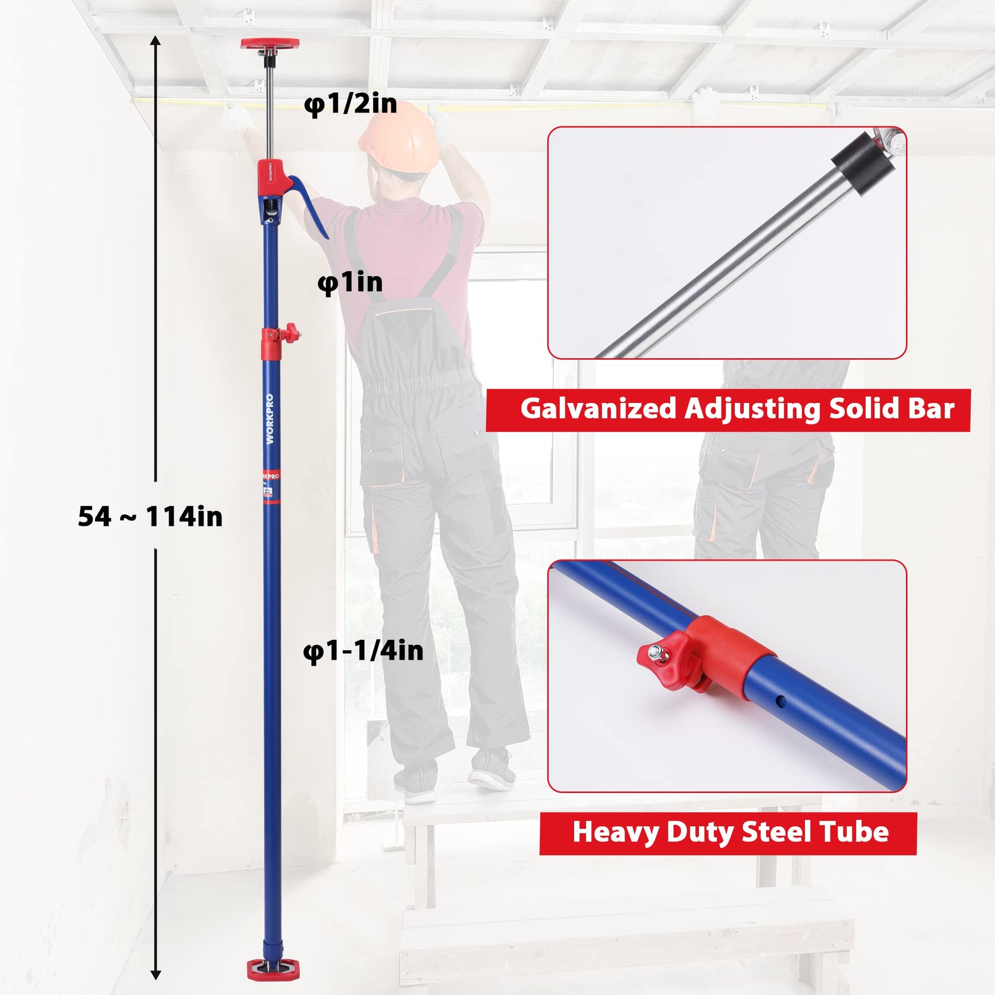 Tall adjustable cabinet jack support pole with red base pad and blue steel tube.