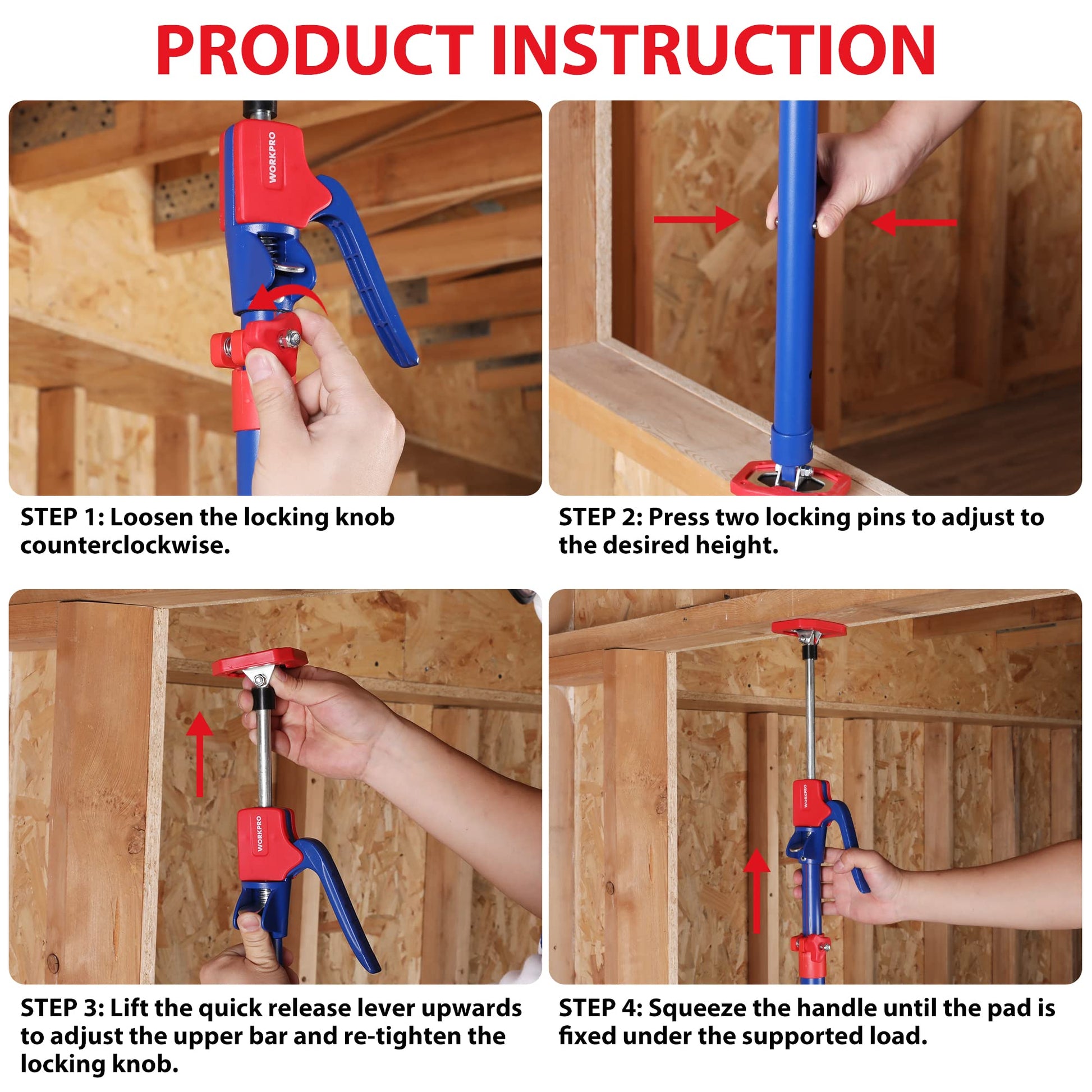 Cabinet jack support pole in use, showing red quick-release lever and adjusting handle.