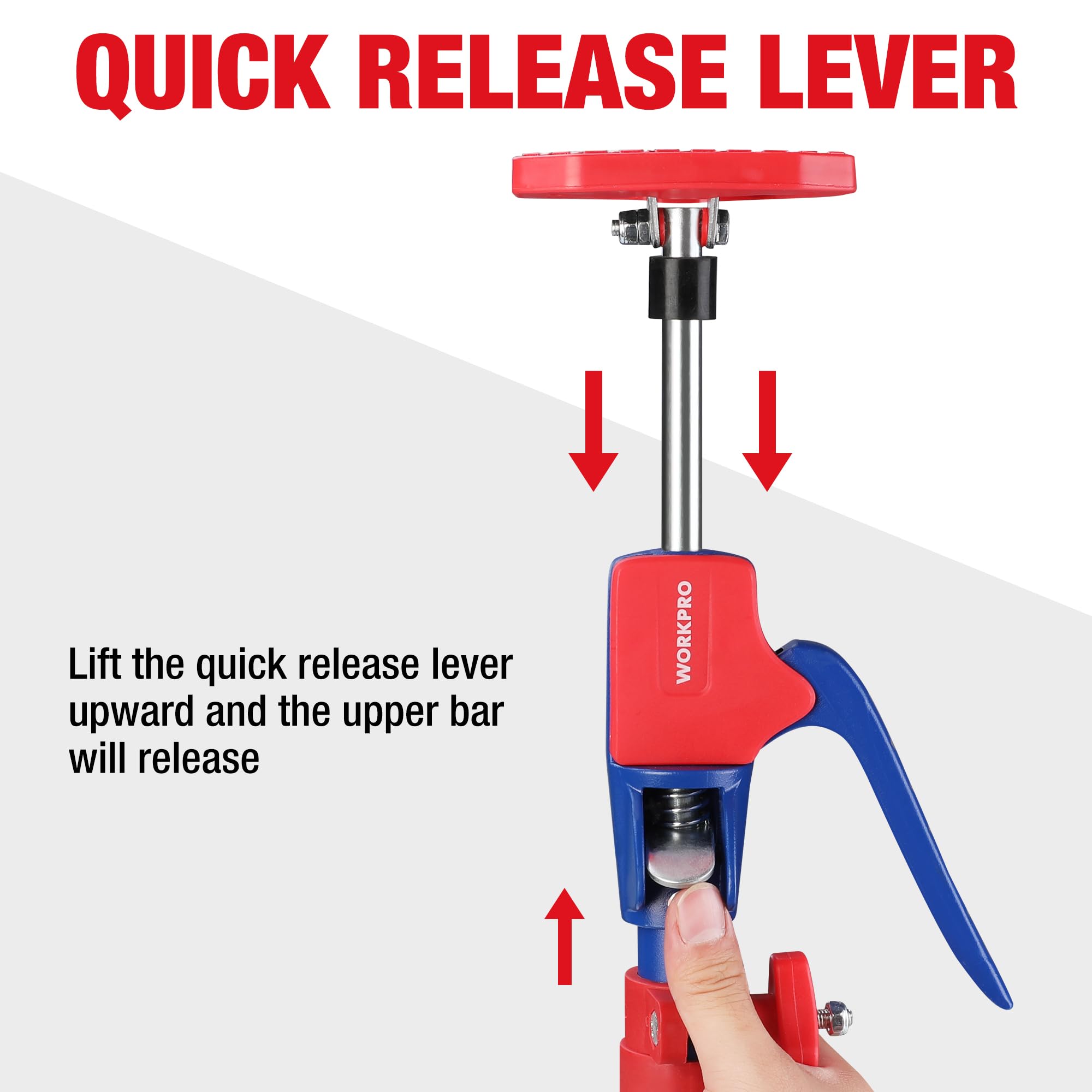 Cabinet jack support pole quick-release lever with red grip and blue support handle.