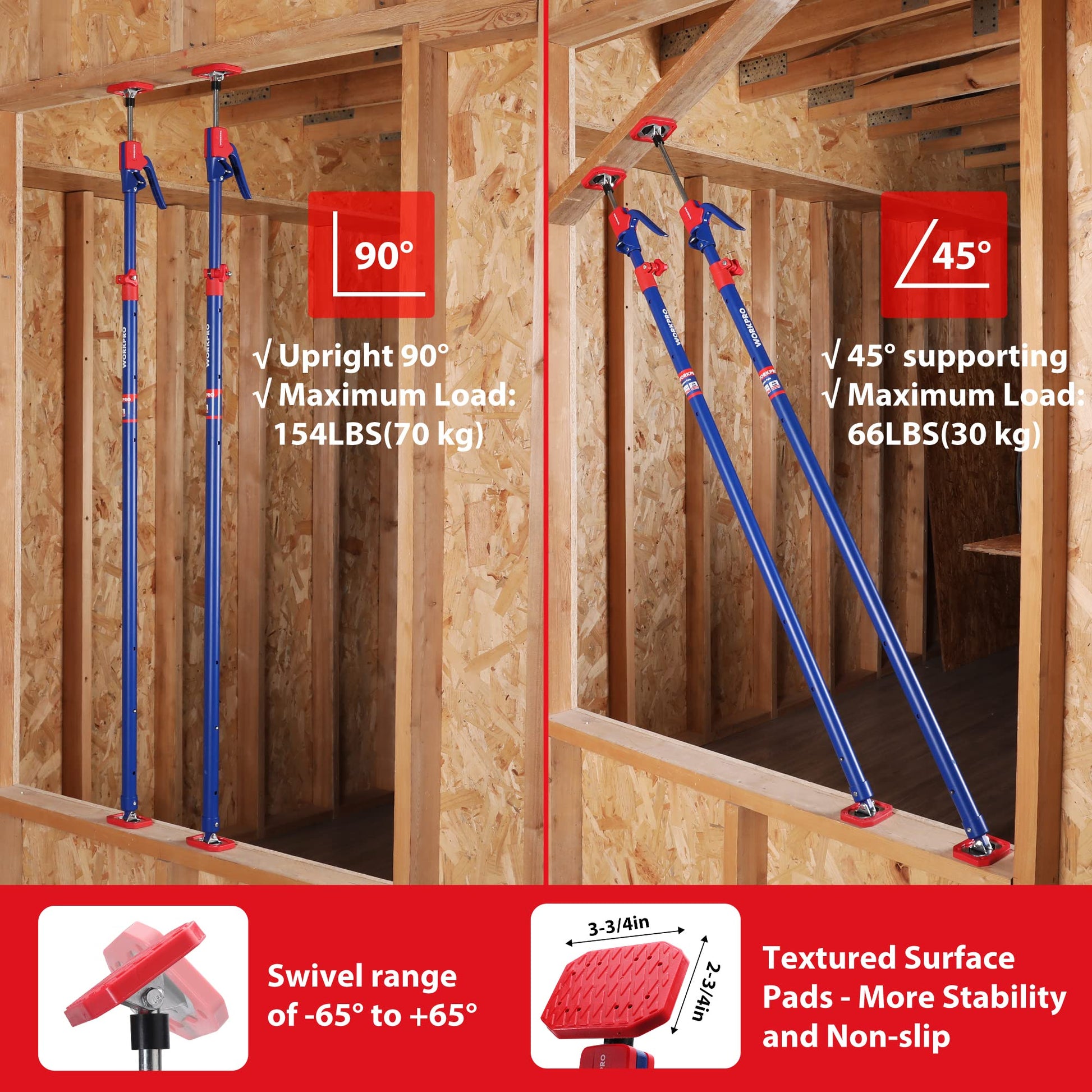 Pair of blue cabinet jack support poles supporting overhead lumber in a wood frame