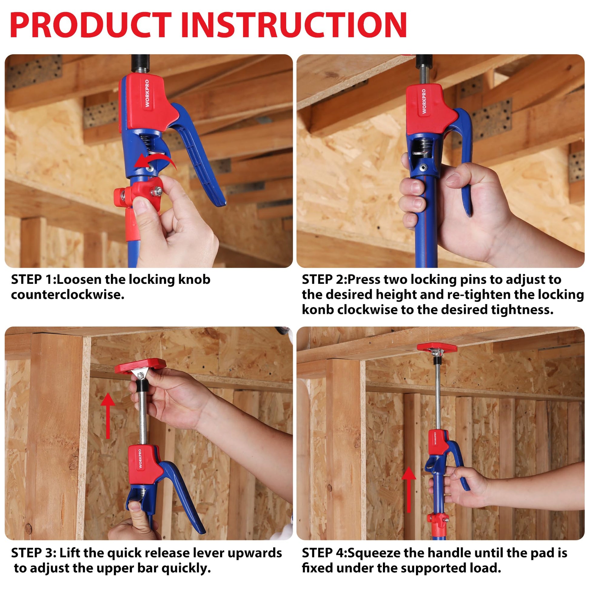 Cabinet jack support pole instructions showing quick-release lever and locking knob
