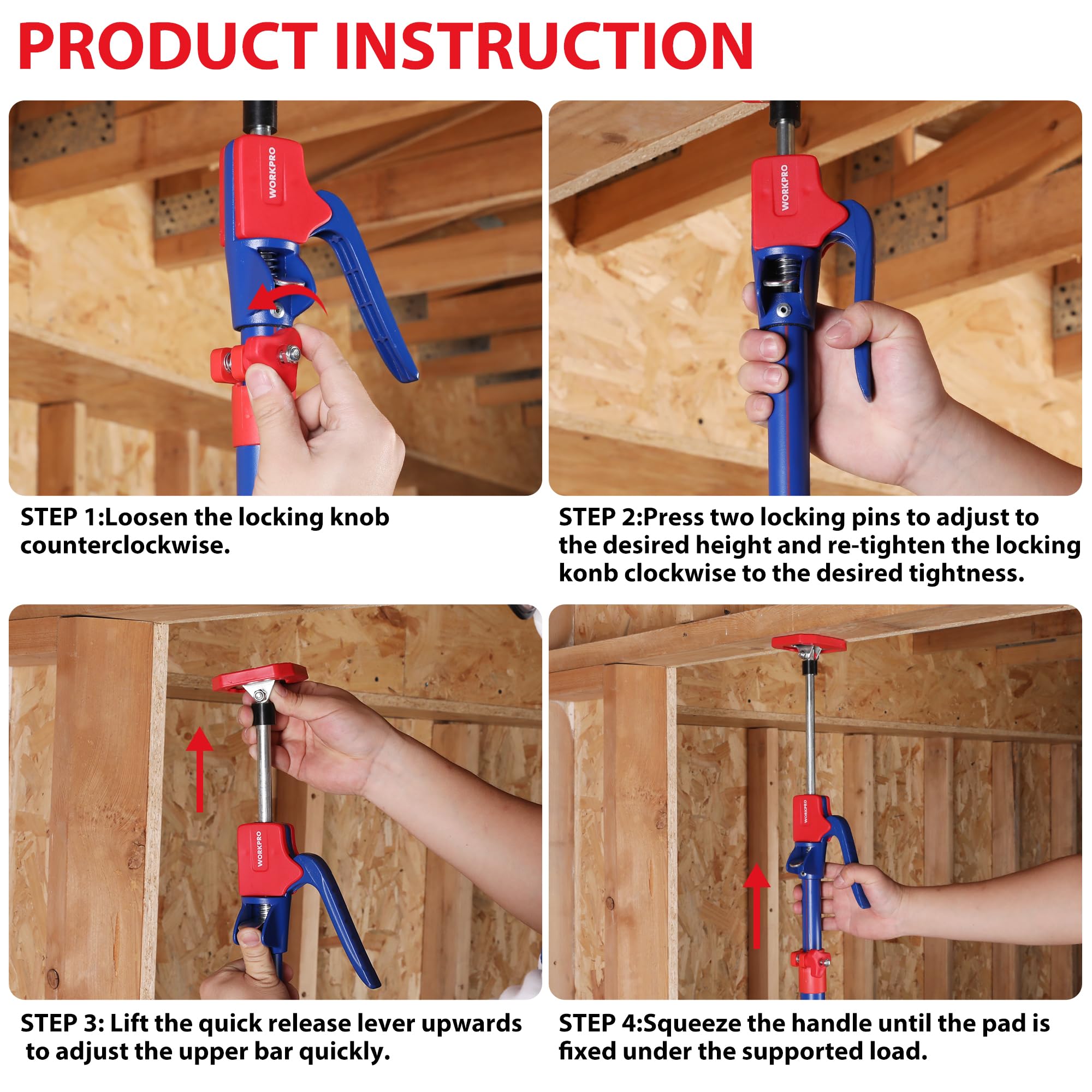 Cabinet jack support pole instructions showing quick-release lever and locking knob
