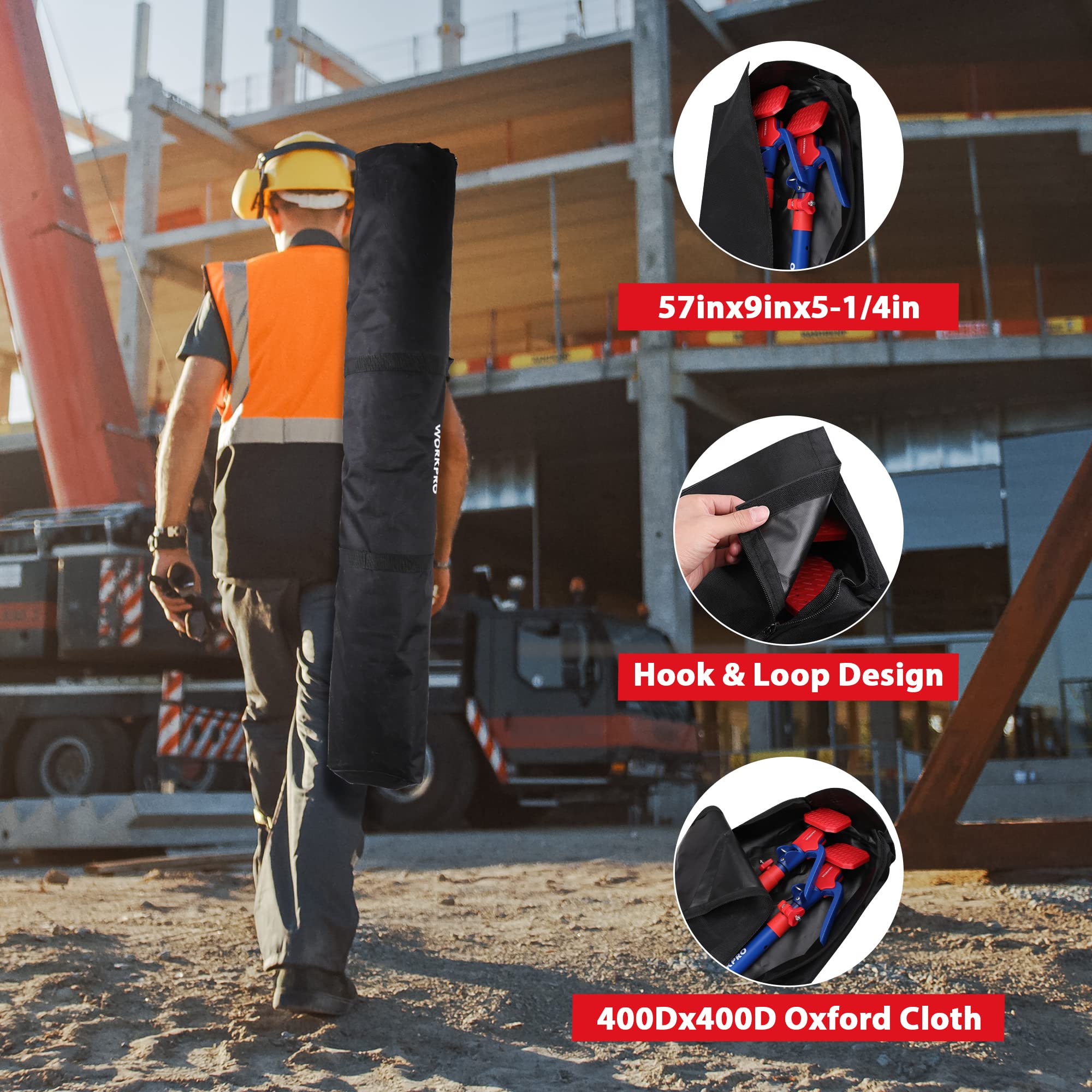 Black carry bag with hook-and-loop design holding red-blue cabinet jack support poles