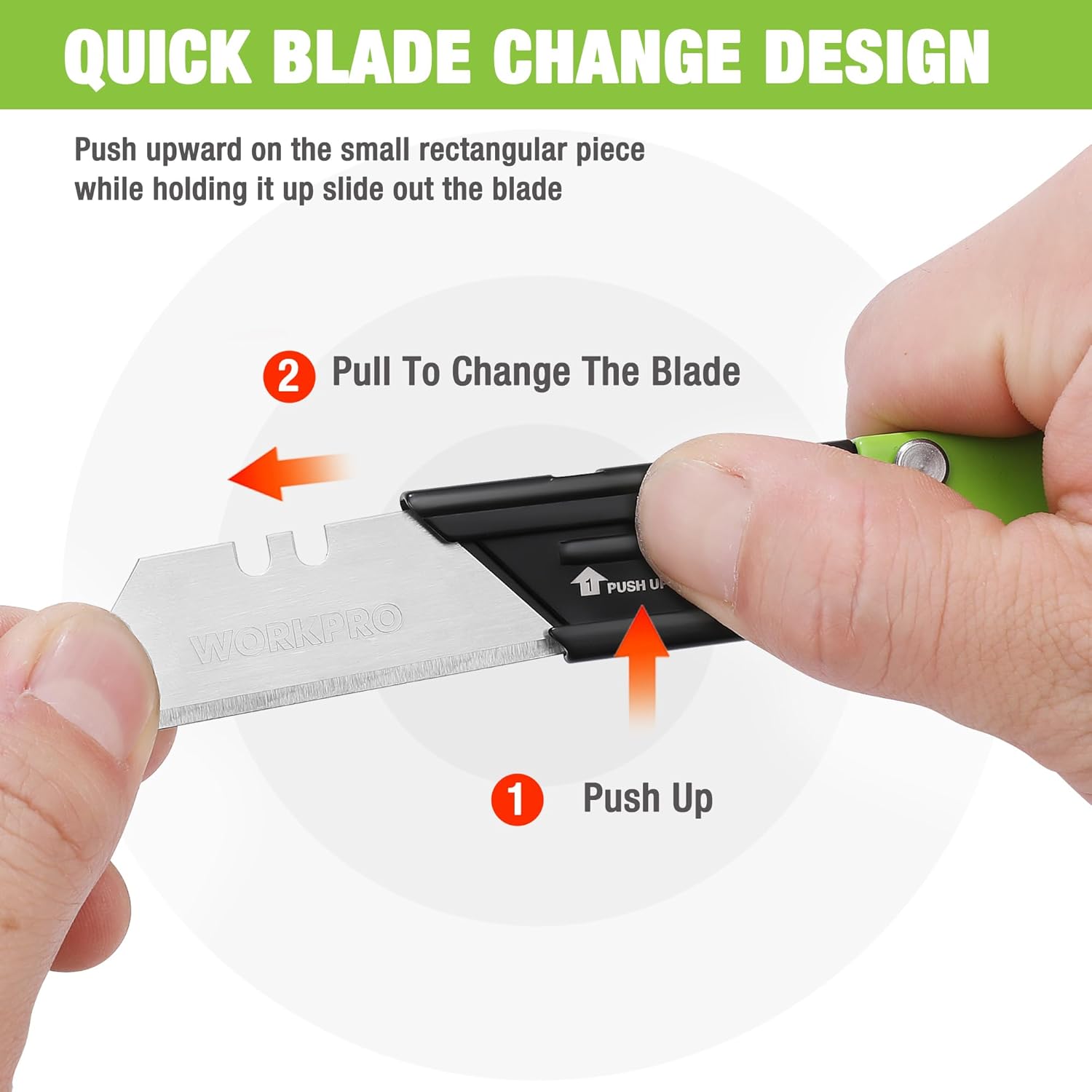 Folding utility knife blade change: push up, then pull to swap the blade