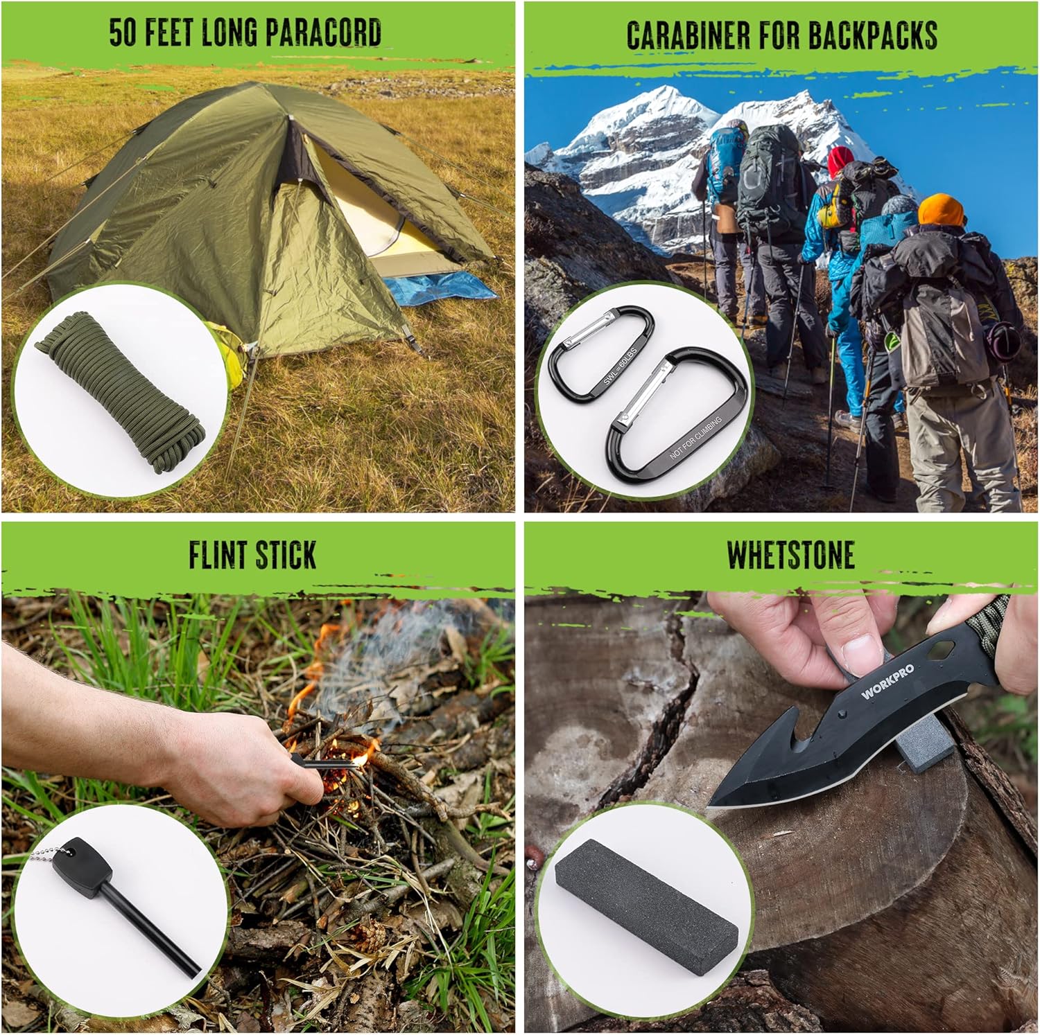 Camping survival set accessories with flint stick, whetstone, and paracord
