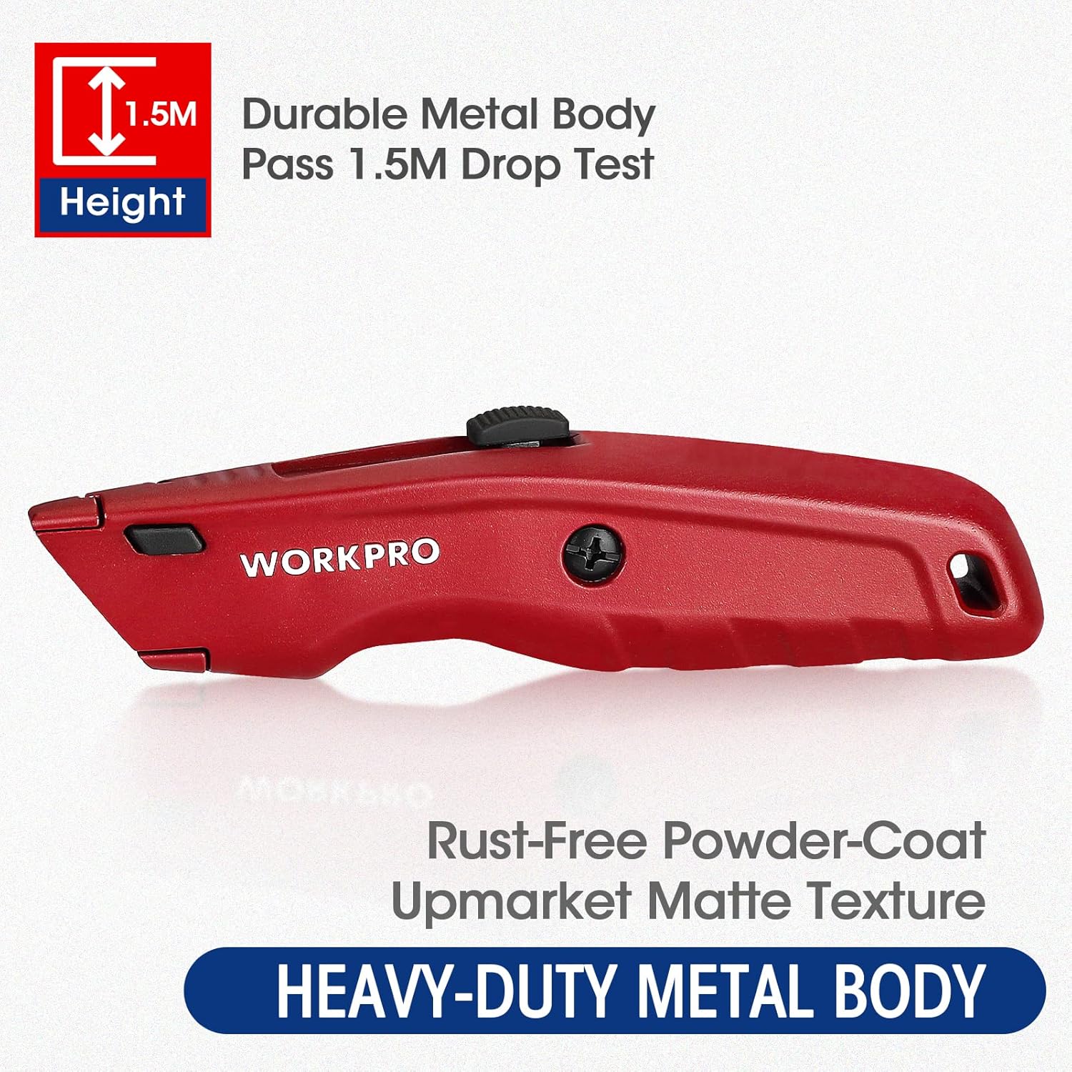 WORKPRO red heavy-duty retractable utility knife with textured metal body