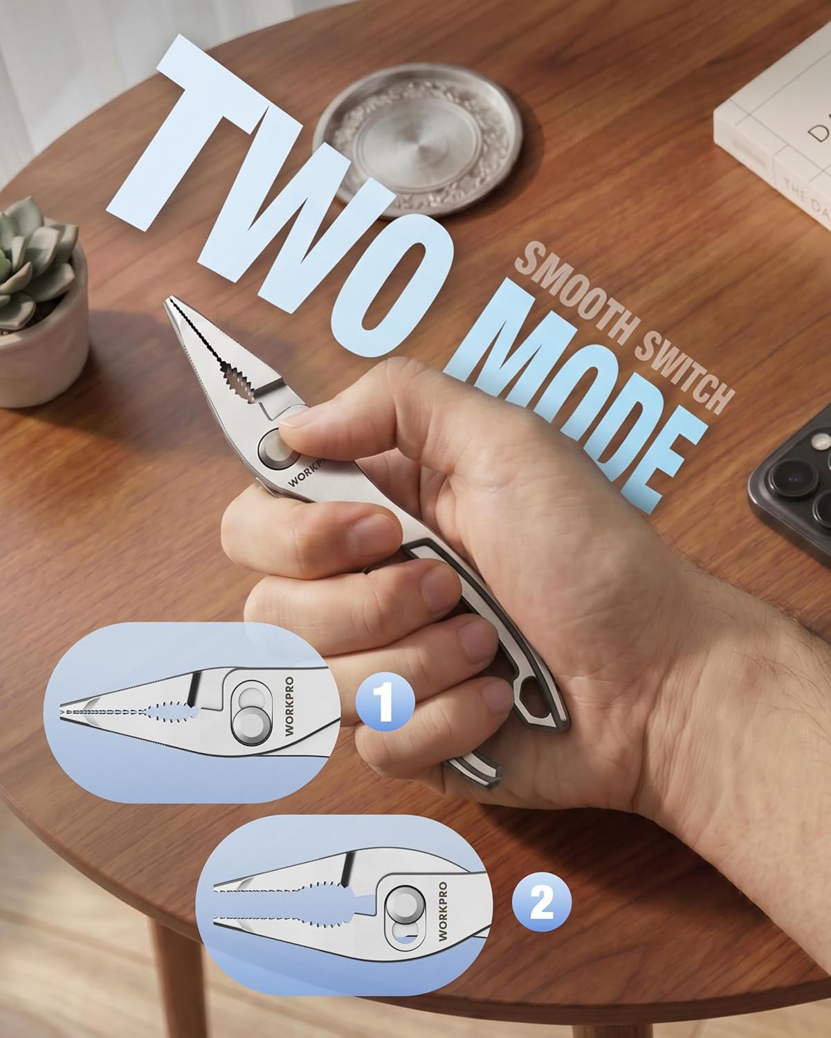 Adjustable long nose slip joint pliers with two-position smooth switch