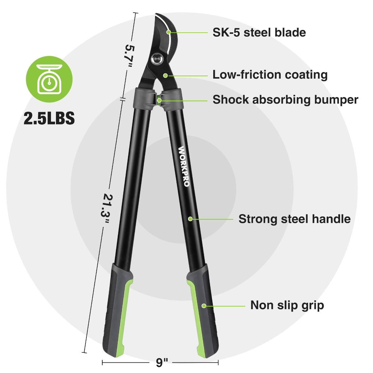Bypass lopper with SK-5 steel blade, low-friction coating, shock-absorbing bumper