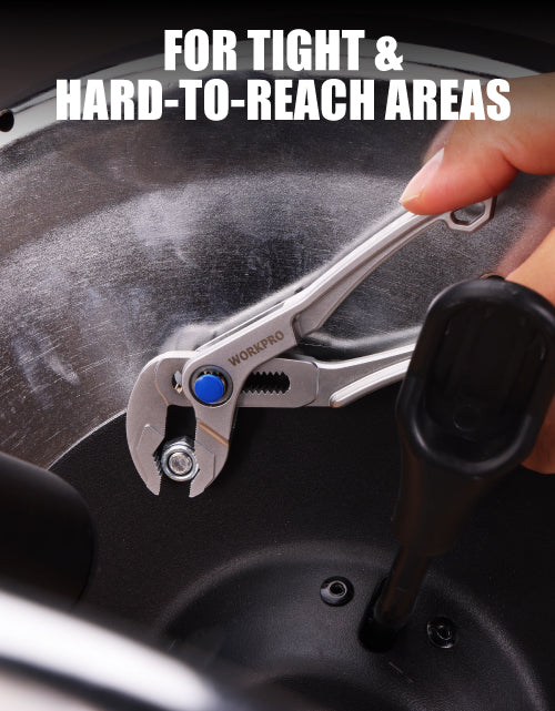 Workpro tool with metal blade and blue button on a dark surface, innovation and quality shown in text