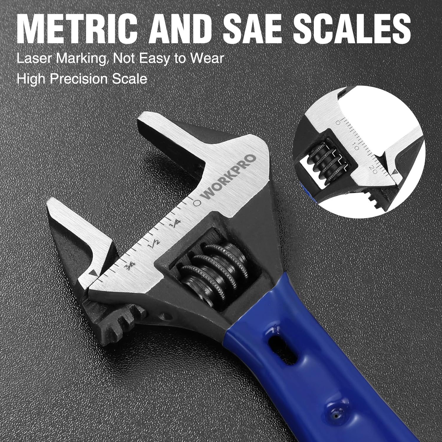 Compact adjustable wrench head showing metric and SAE scales and knurled adjuster