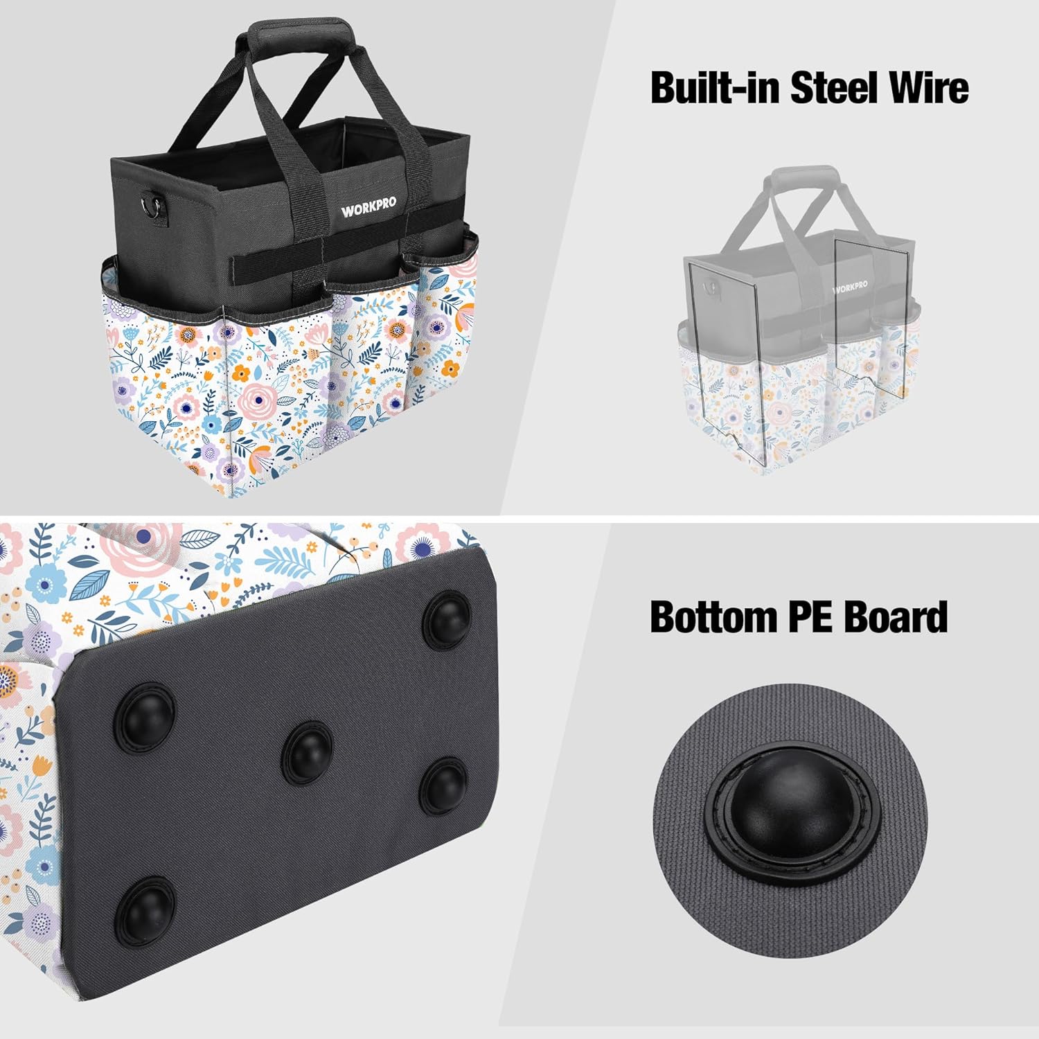 Gardening tool tote bag with built-in steel wire and reinforced bottom PE board.