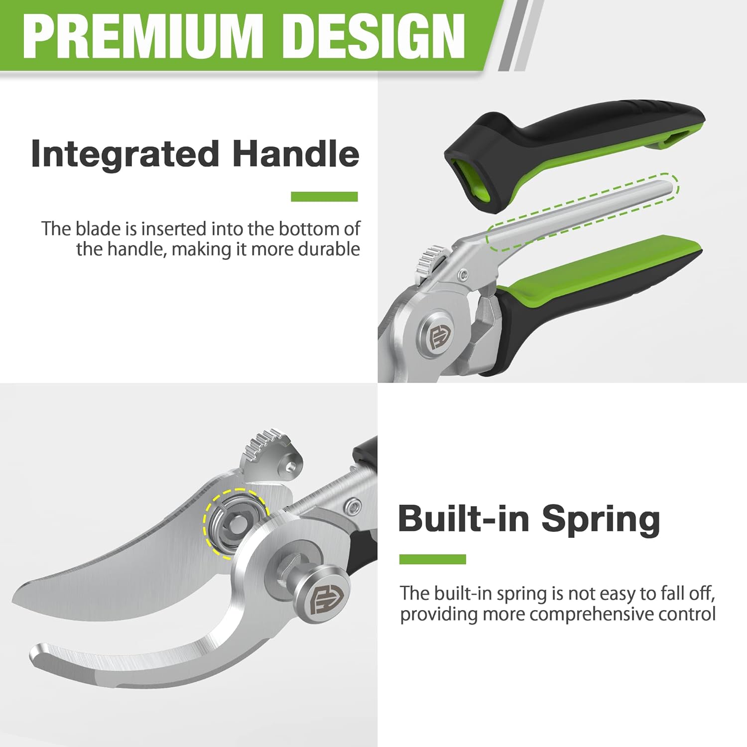Bypass pruning shears with integrated handle and built-in spring action; green grips.