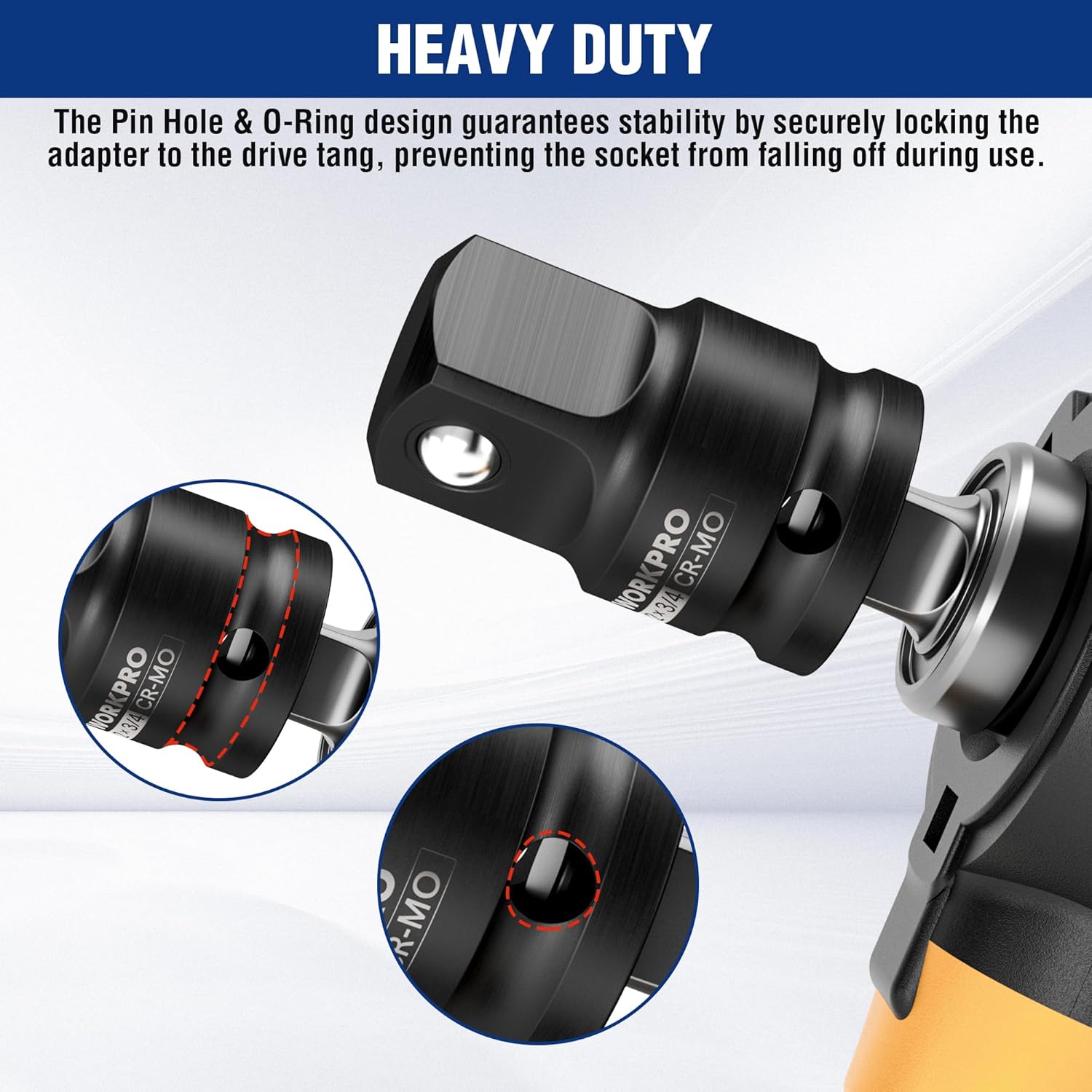 WORKPRO impact socket adapter, heavy-duty pin-hole and O-ring secure design