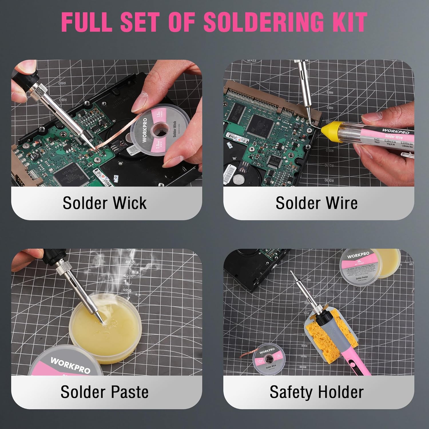 Soldering kit with solder wick, solder wire, solder paste, and safety holder tools