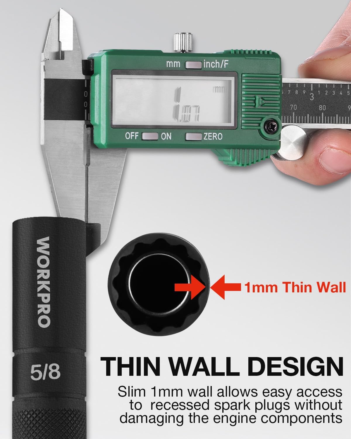 Black 5/8 in spark plug socket thin-wall 1 mm design for easy access