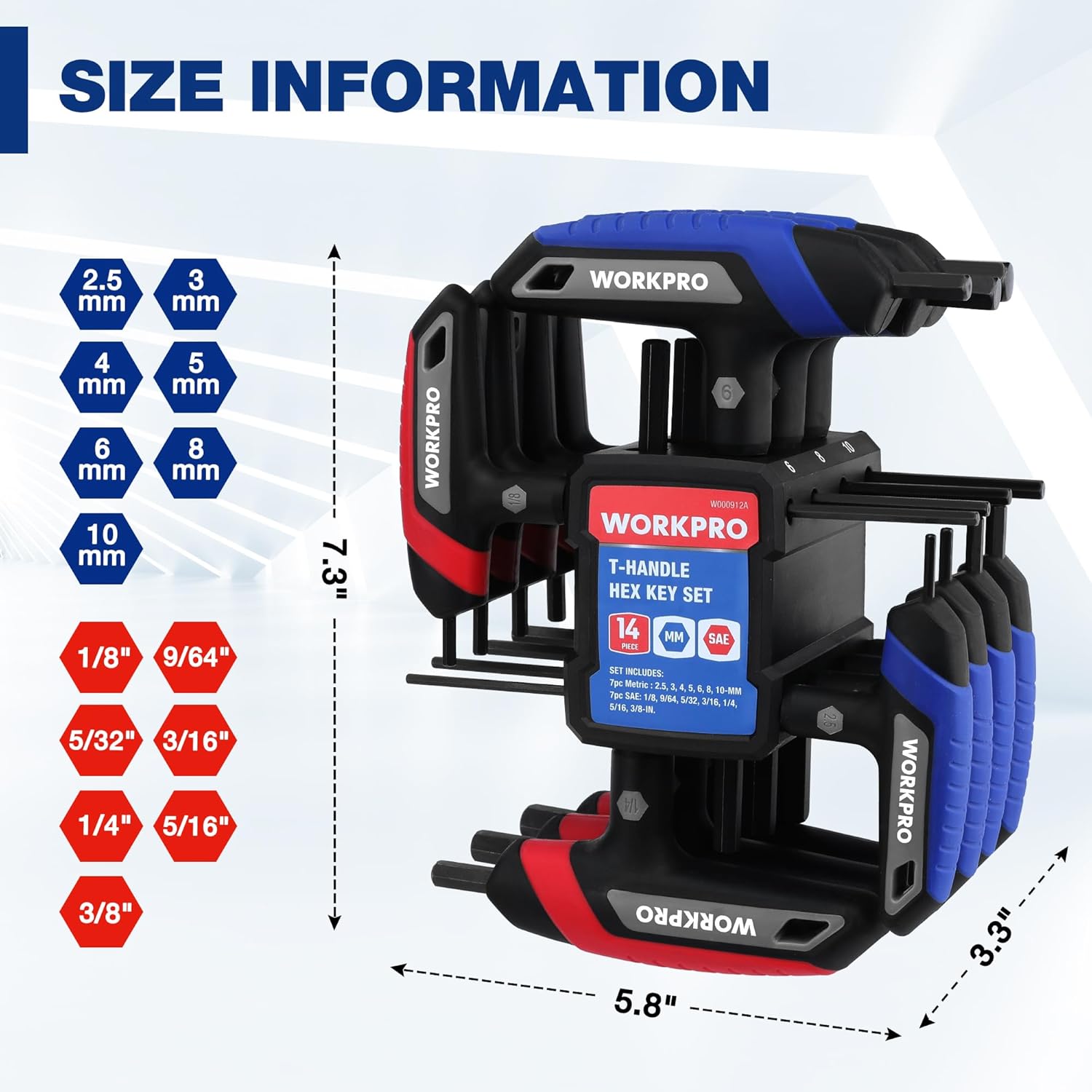 WORKPRO T-handle hex key set with metric and SAE tools in a storage rack