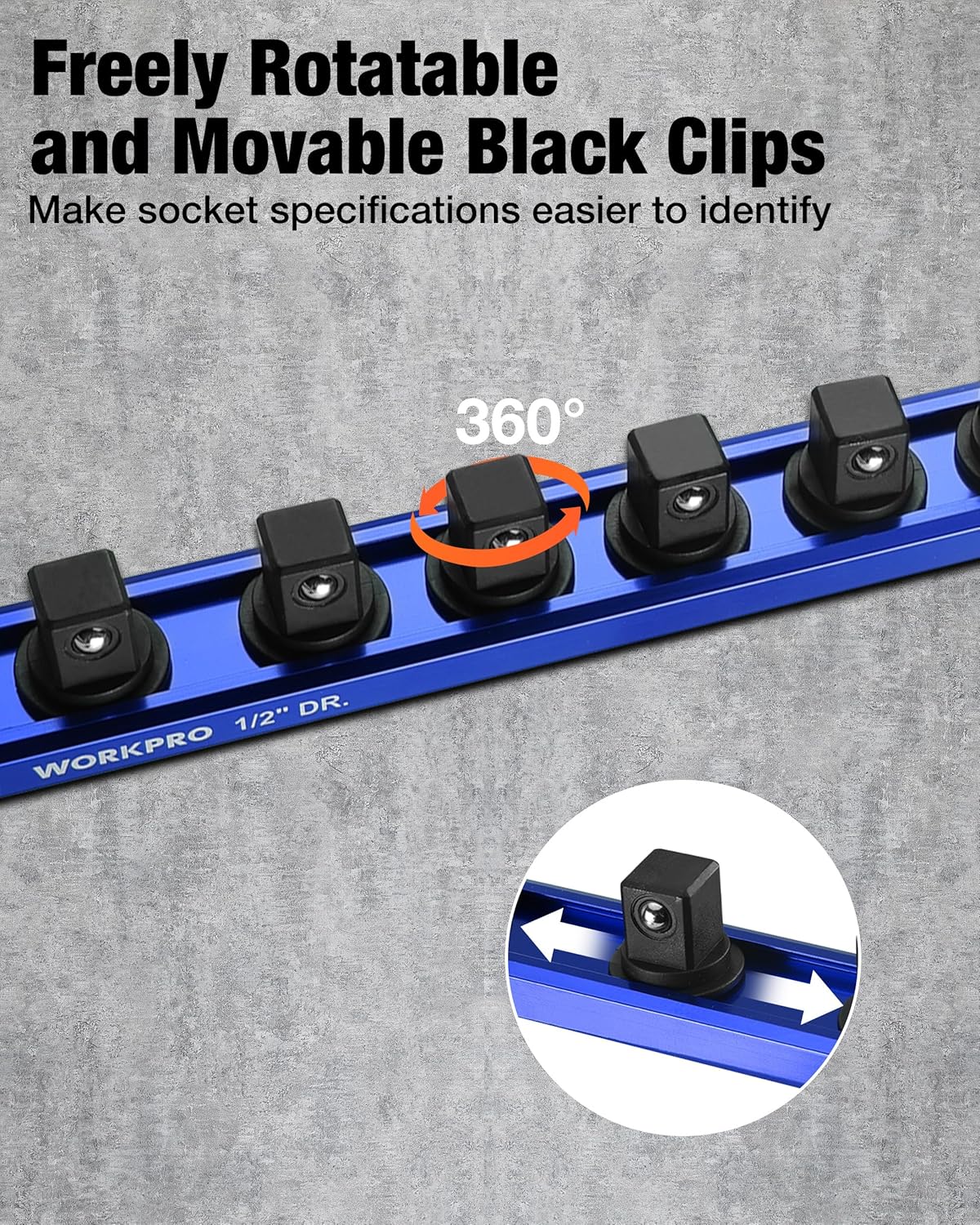 Blue 1/2 in drive socket rail with 360° rotatable black clips