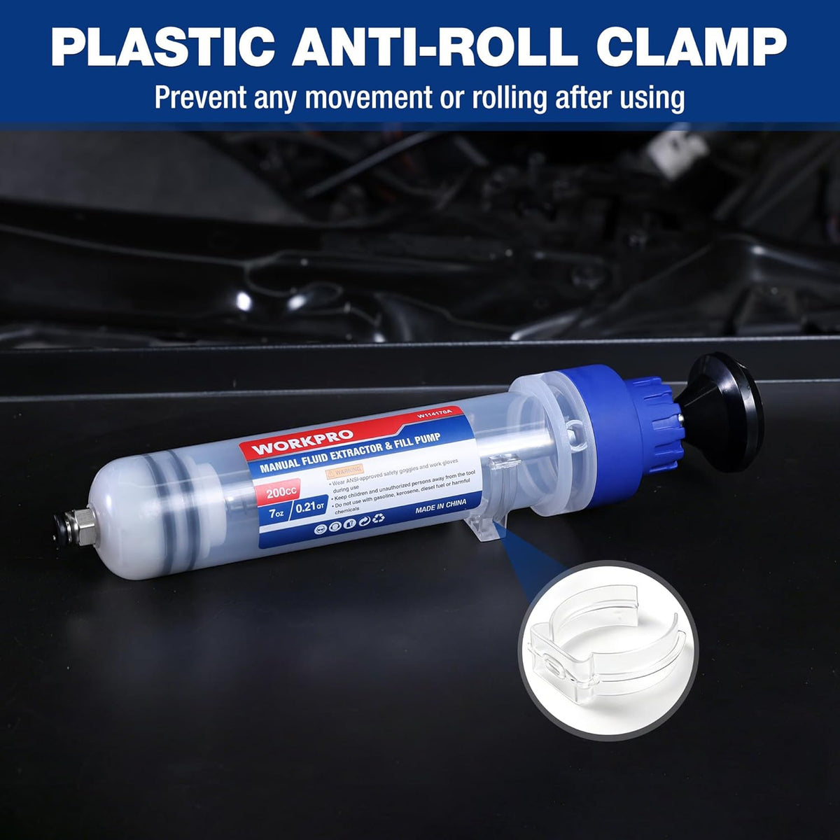 Manual fluid extractor syringe with translucent reservoir, blue pump, and black discharge nozzle