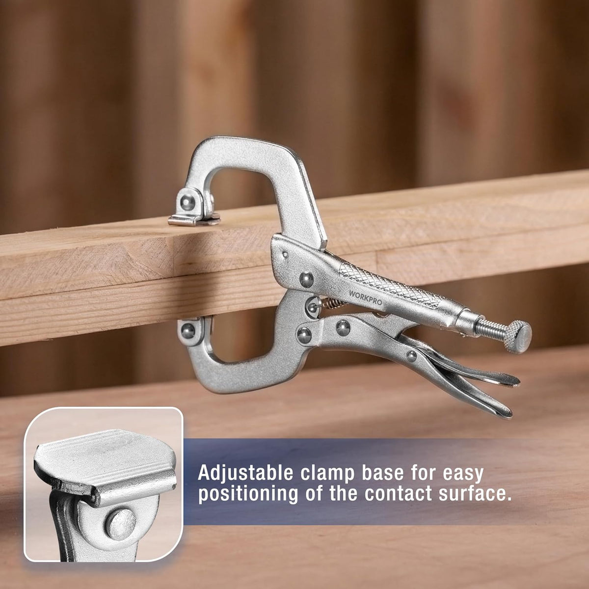 Locking C-clamp with swivel pads gripping a light wood workpiece, chrome-silver finish