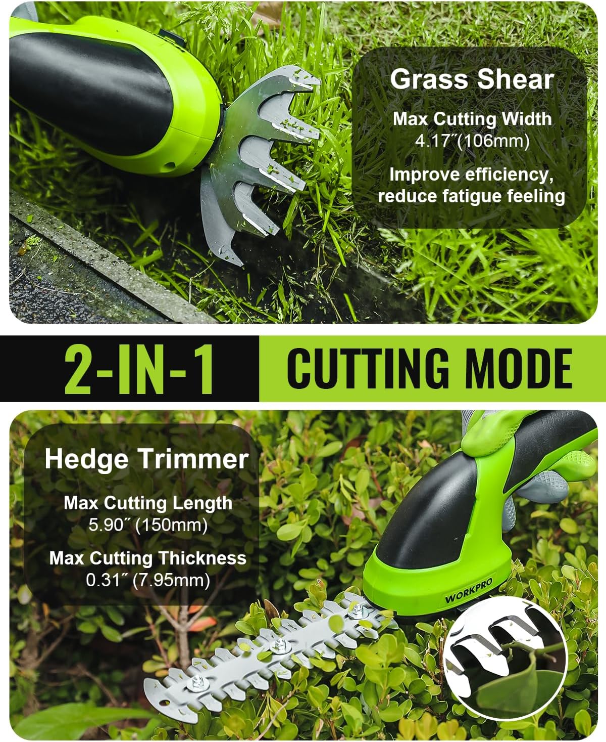 WORKPRO cordless grass shear with dual blades, lime green and black handheld trimmer.