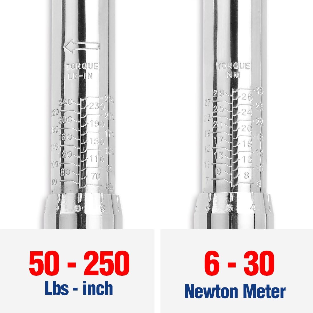 Adjustable torque wrench scale showing 50–250 lb-in and 6–30 Nm ranges.