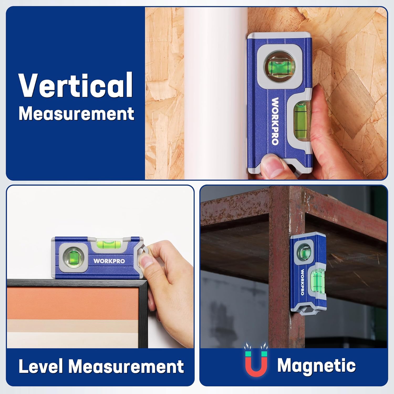 Mini magnetic pocket level with two green vials for vertical and level measurement.