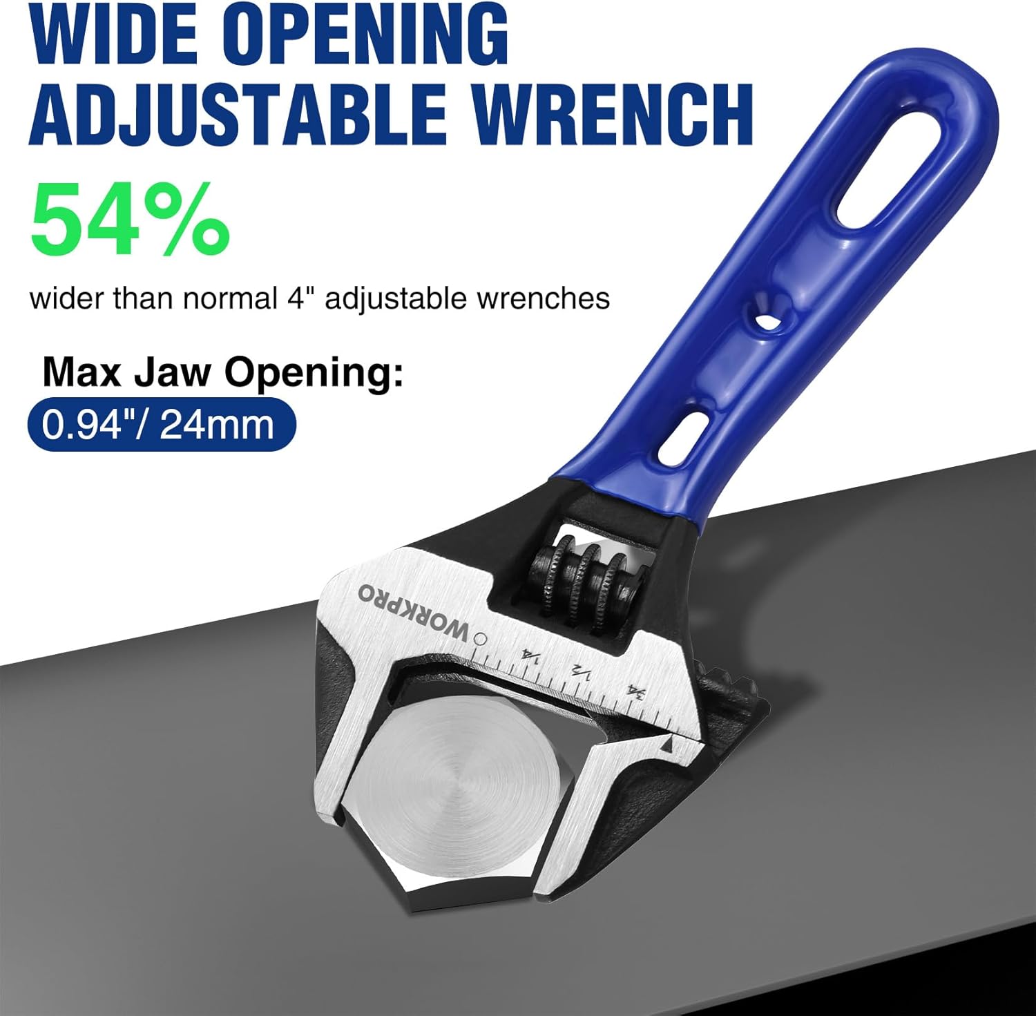 Stubby adjustable wrench with wide 0.94 in jaw opening and metric/SAE markings
