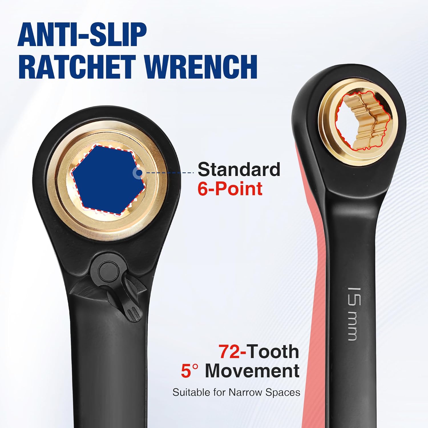 Anti-slip reversible ratcheting wrench heads with standard 6-point and 72-tooth gear.