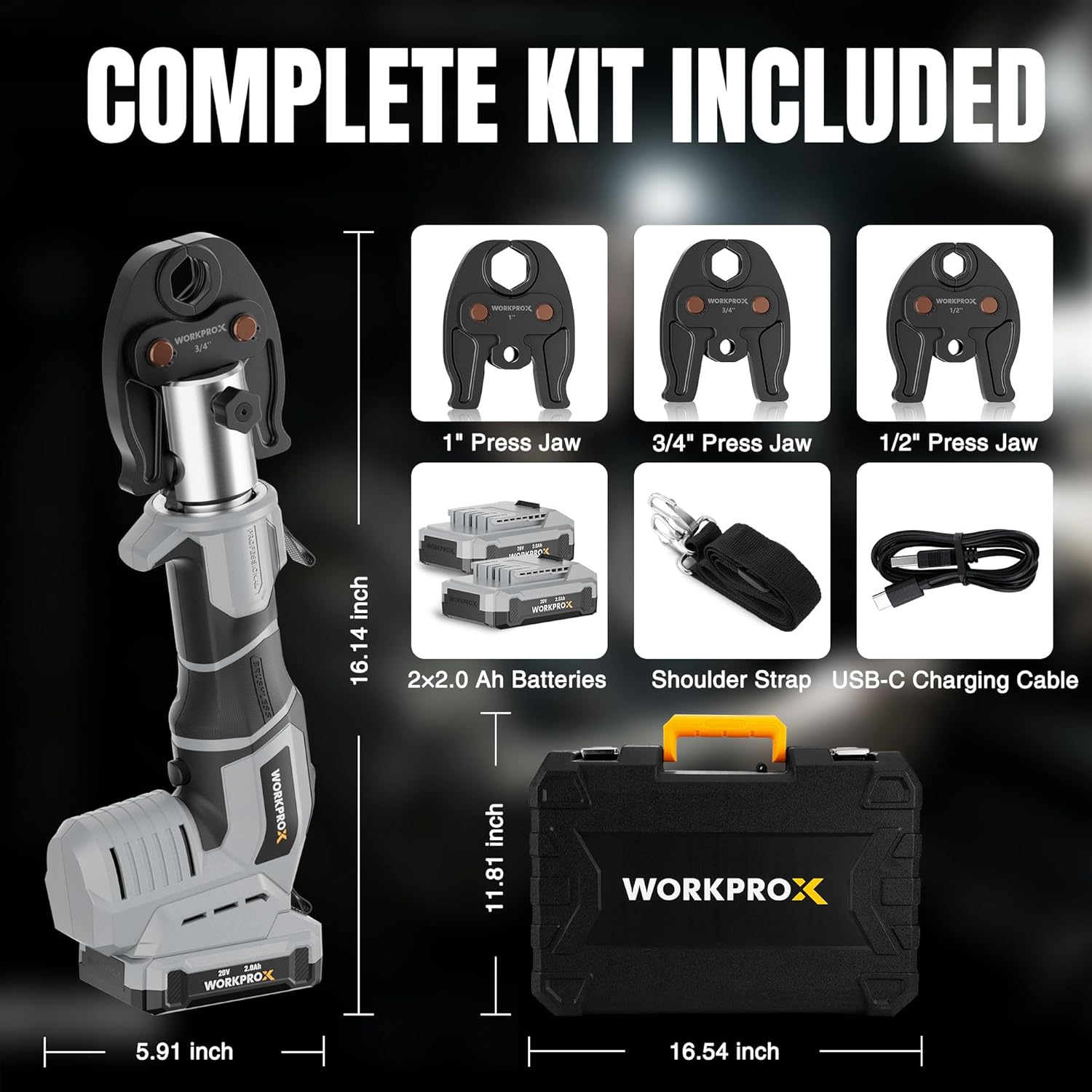 Complete kit: cordless press tool, 3 press jaws, two 2.0Ah batteries, USB-C cable