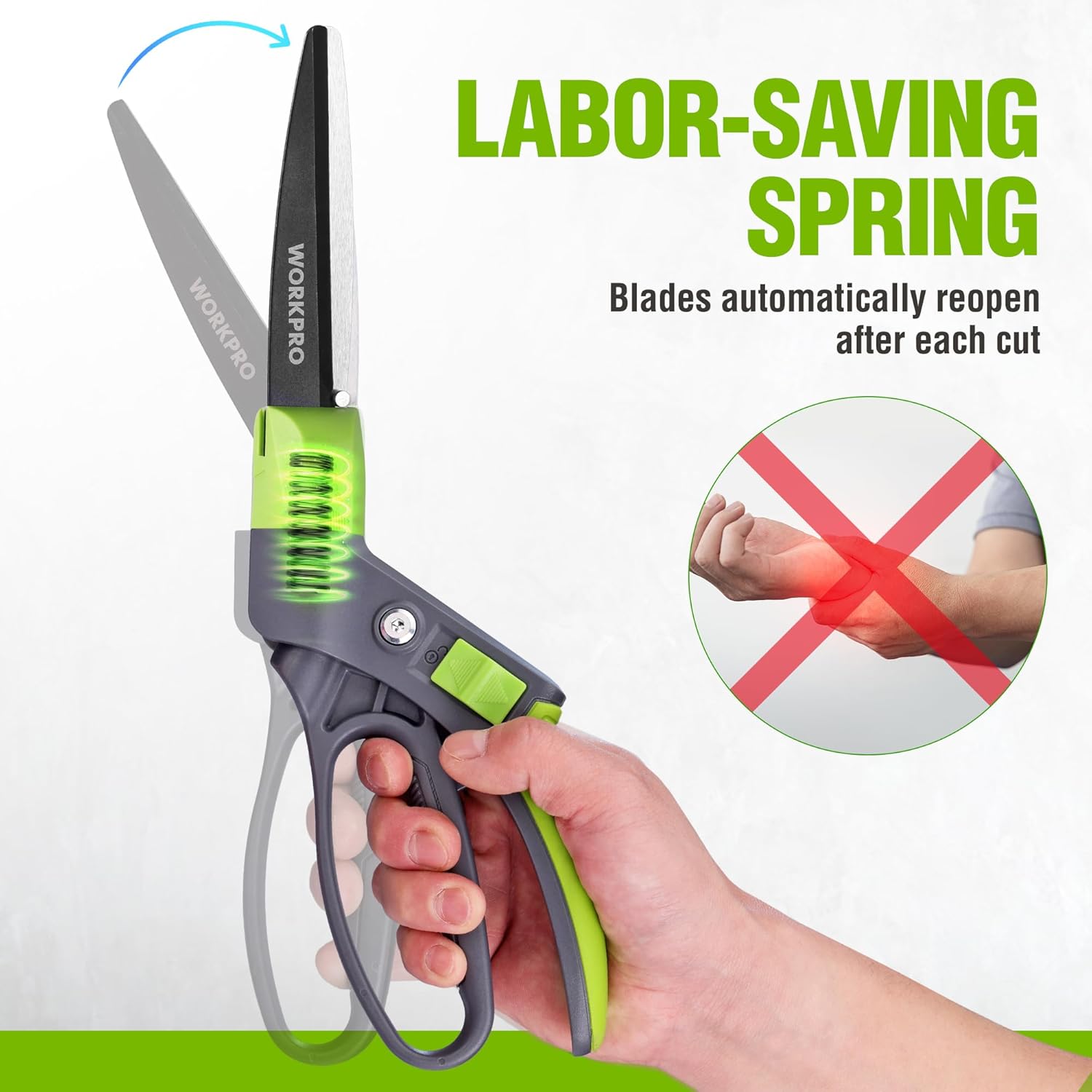 WORKPRO handheld grass shears with spring-loaded re-opening blades