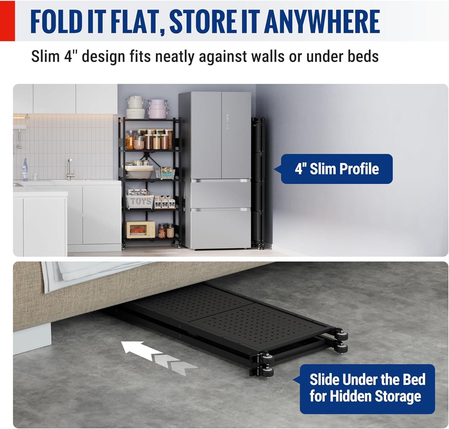 Flat-folded black metal storage rack panel for sliding under a bed or against walls