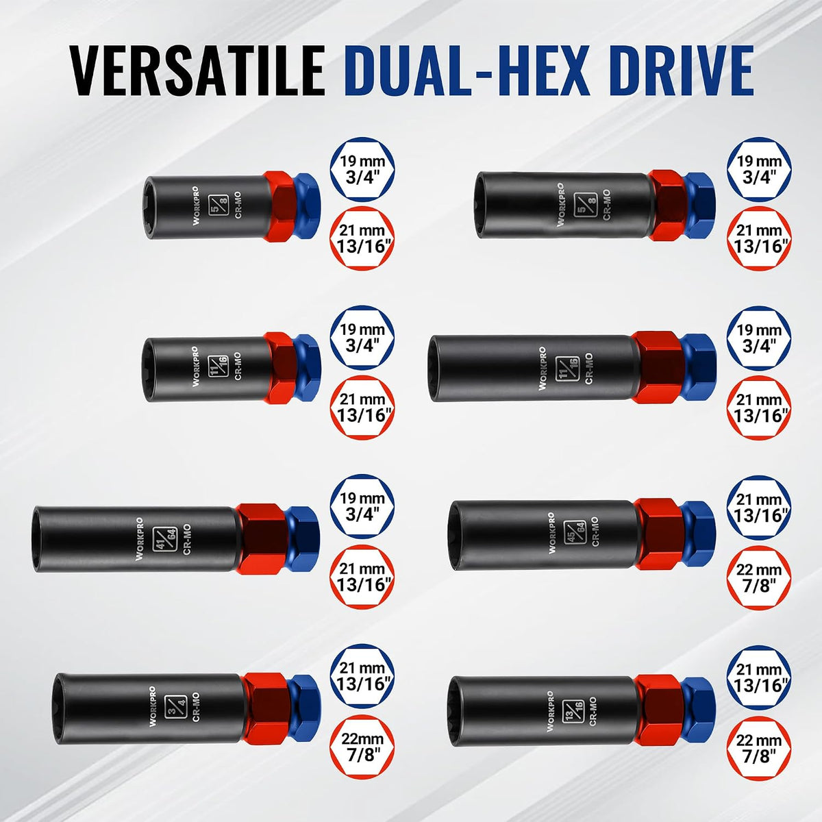 Workpro spline lug nut socket set with dual-hex drive for wheel removal and tire maintenance