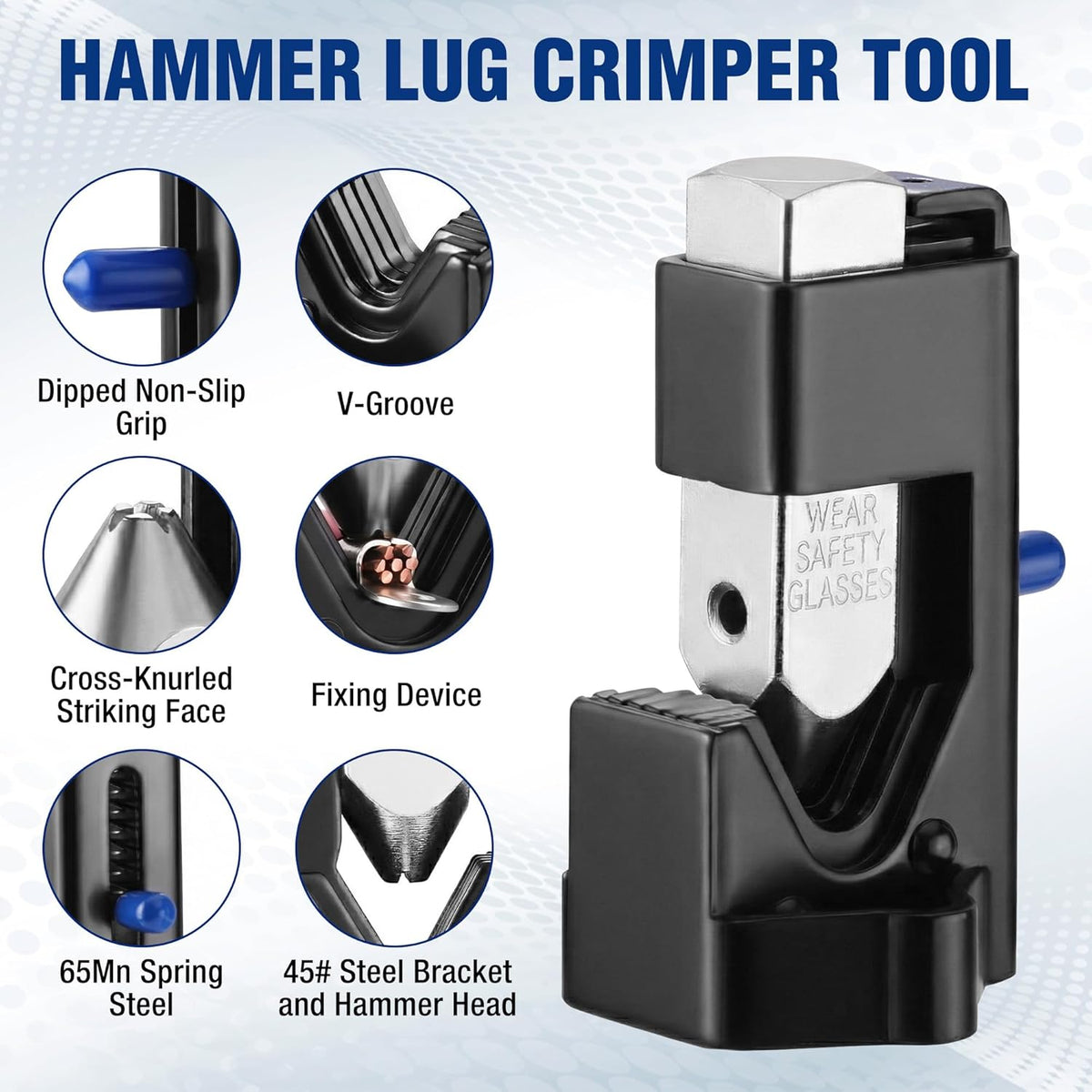 Black WORKPRO hammer lug crimper tool with blue grip and V-groove head
